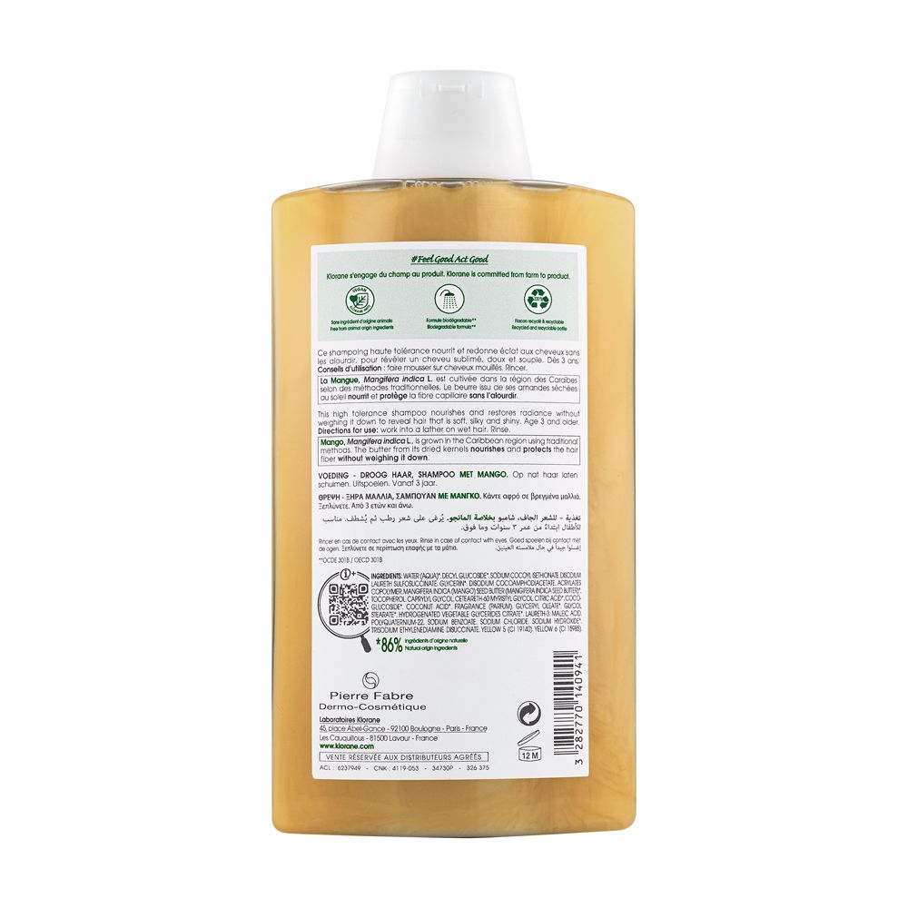 Retro del flacone di shampoo KLORANE Mango. Informazioni sul prodotto. 86% ingredienti naturali. Codice QR.