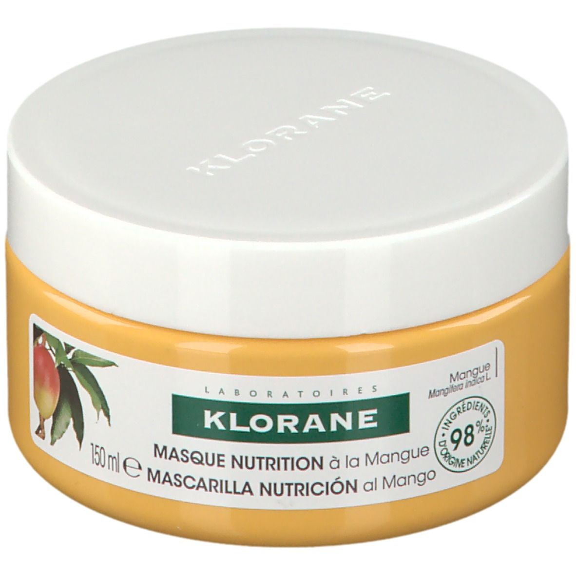 Barattolo giallo con coperchio bianco. Scritta: KLORANE, Masque Nutrition à la Mangue. Immagine di mango.