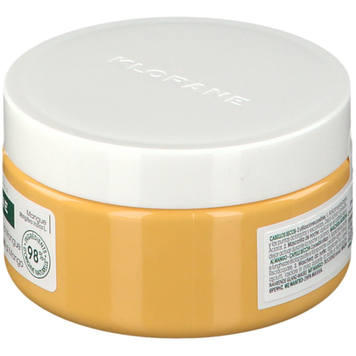 Barattolo giallo con coperchio bianco. Scritta: KLORANE, Masque Nutrition à la Mangue. Immagine di mango.