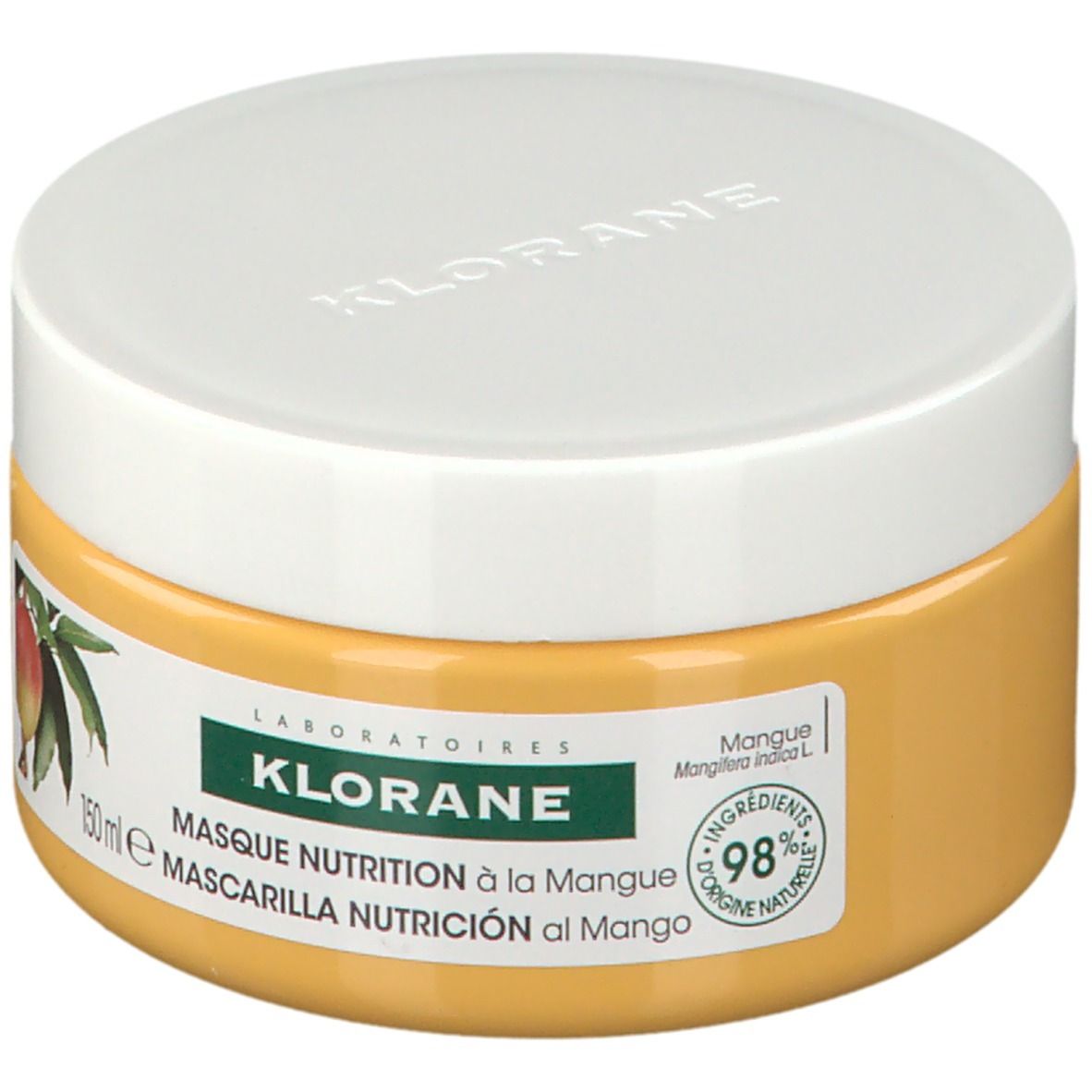 Barattolo giallo con coperchio bianco. Scritta: KLORANE, Masque Nutrition à la Mangue. Immagine di mango.