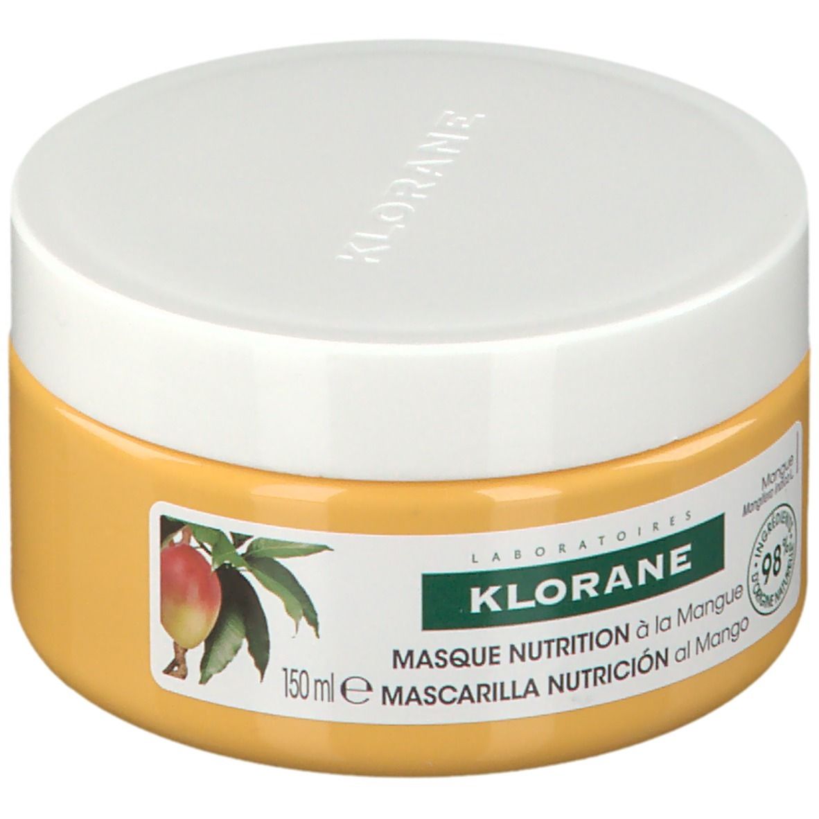 Barattolo giallo con coperchio bianco. Scritta: KLORANE, Masque Nutrition à la Mangue. Immagine di mango.