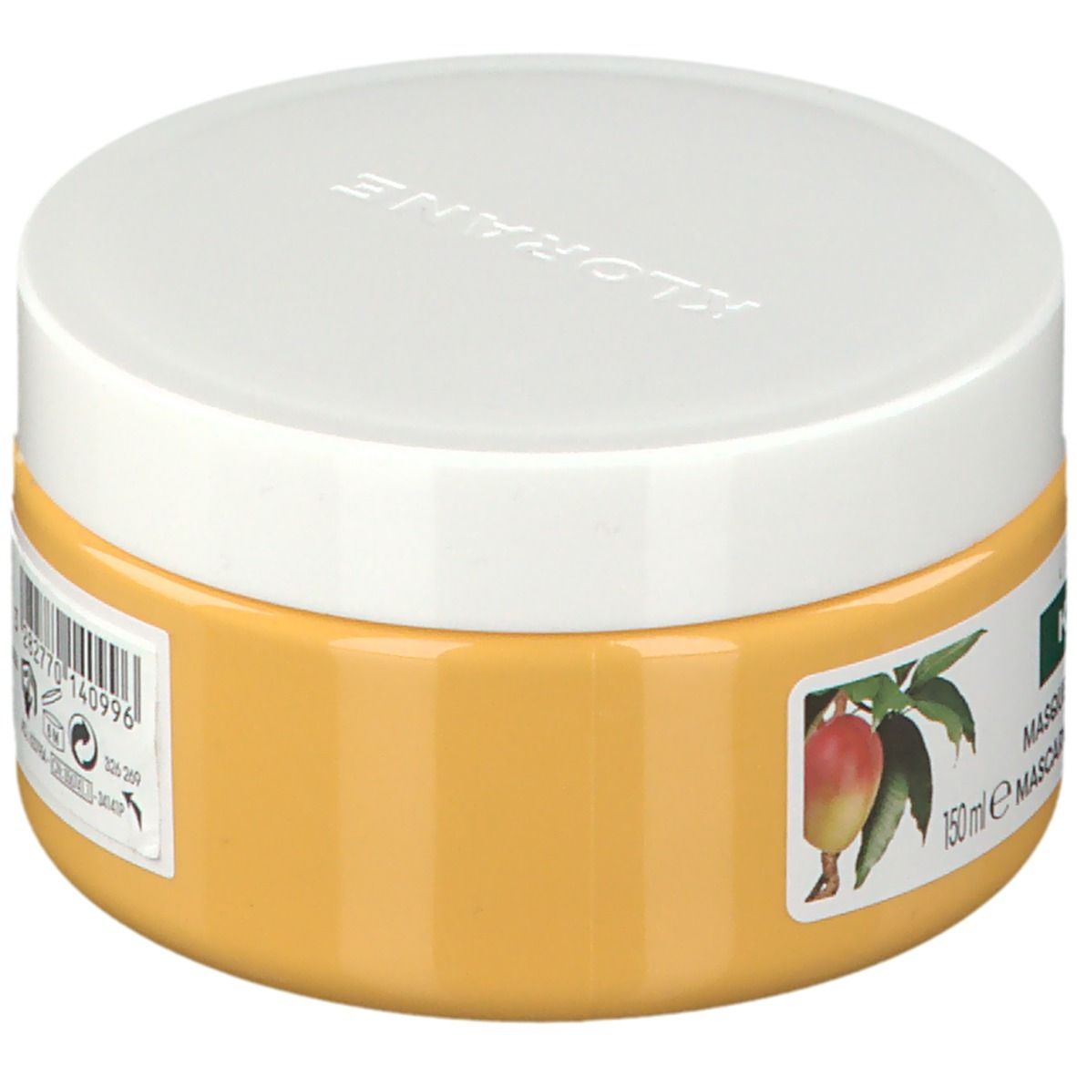 Barattolo giallo con coperchio bianco. Retro con testo. Scritta: KLORANE, Masque Nutrition à la Mangue.
