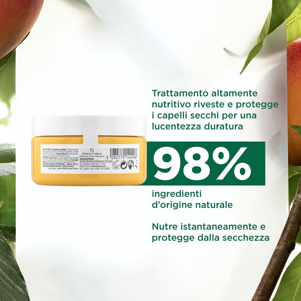 Retro del barattolo giallo. Testo: 98% ingredienti d'origine naturale. Testo in italiano.