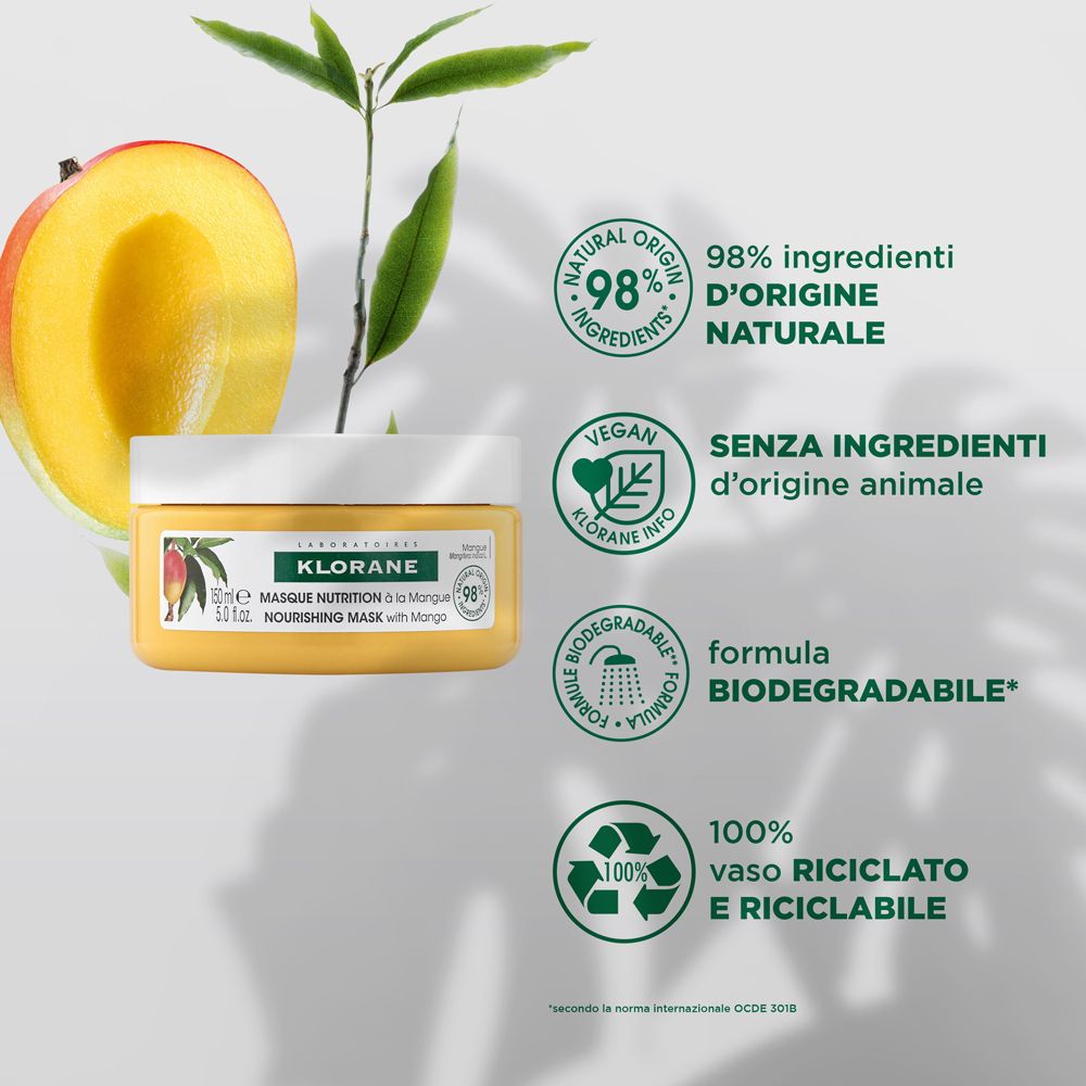 Barattolo giallo, coperchio bianco. Testo: KLORANE, Masque Nutrition à la Mangue. Loghi: Vegan, biodegradabile.