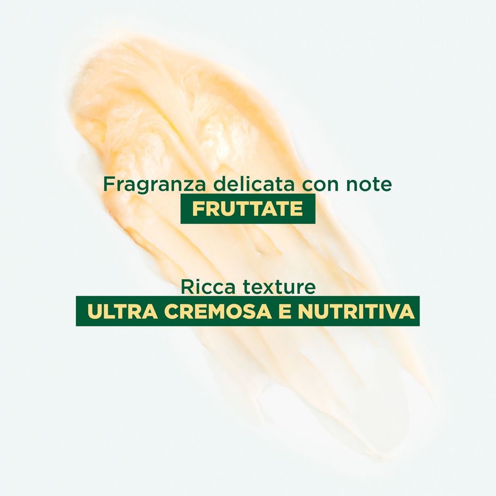 Illustrazione della texture. Testo: Texture ultra cremosa e nutriente. Testo in italiano.
