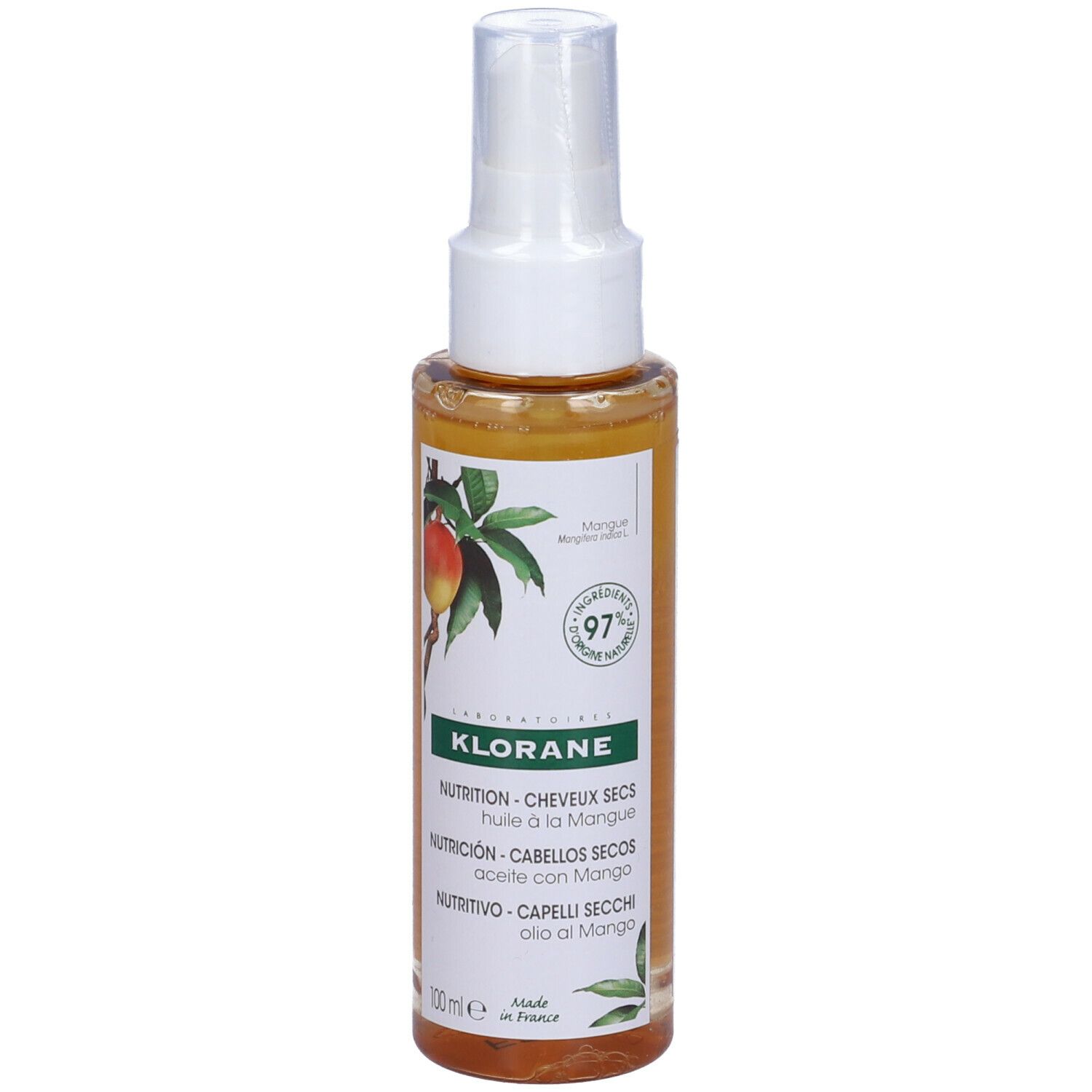 Olio per capelli KLORANE al burro di mango. Flacone spray. Liquido giallo. Illustrazione di mango. 97% ingredienti di origine naturale.