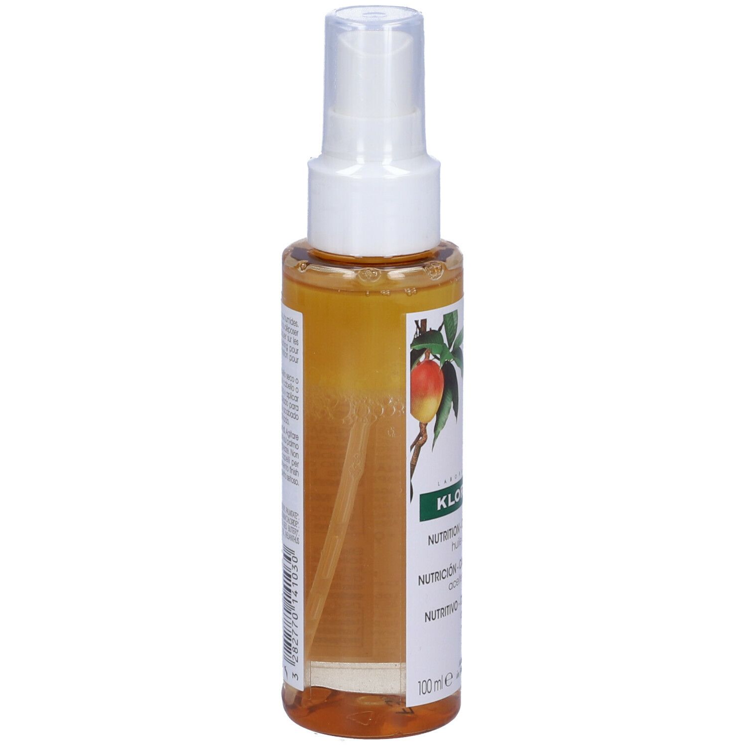 Retro del flacone di olio per capelli KLORANE. Testo multilingue. 97% ingredienti naturali. Illustrazione di mango.