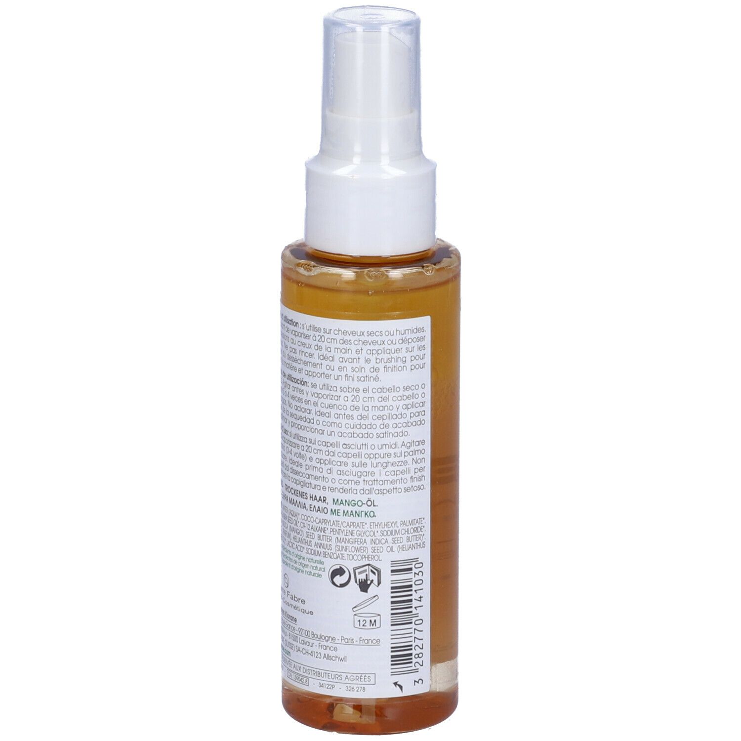 Retro del flacone di olio per capelli KLORANE. Testo multilingue. Ingredienti, consigli d'uso. 97% ingredienti naturali.