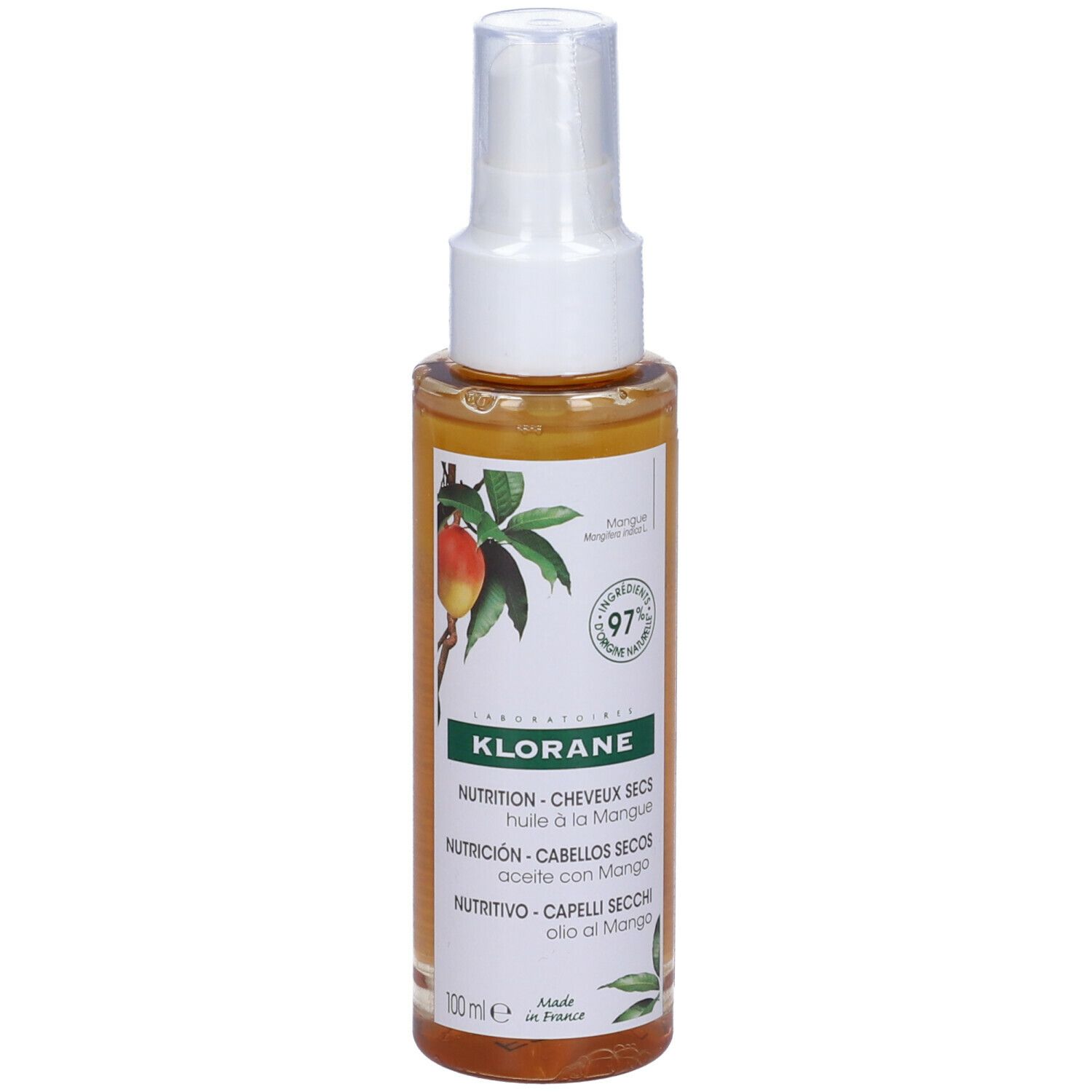 Olio per capelli KLORANE al burro di mango. Flacone spray. Liquido giallo. Illustrazione di mango. 97% ingredienti di origine naturale.