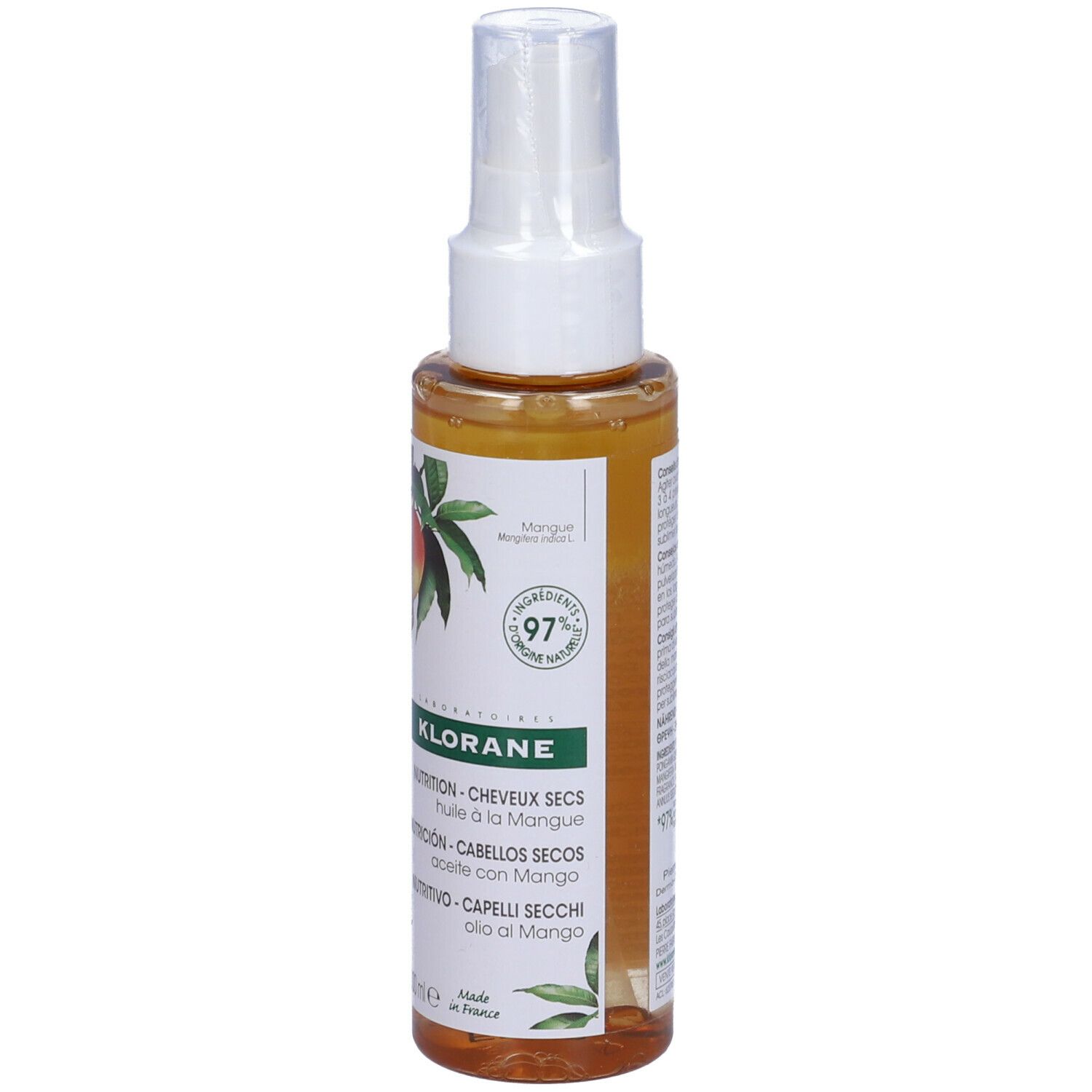 Olio per capelli KLORANE al burro di mango. Flacone spray. Liquido giallo. Illustrazione di mango. 97% ingredienti di origine naturale.