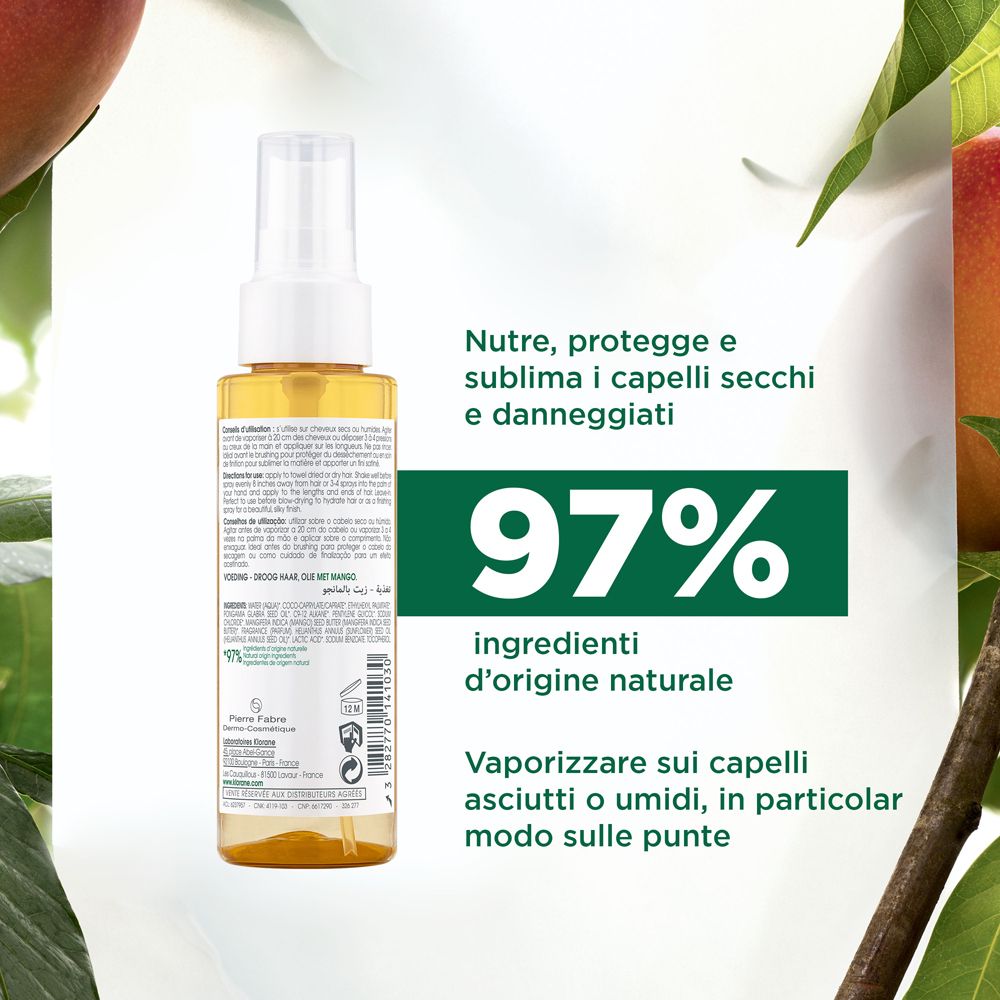 Retro del flacone di olio per capelli KLORANE. Testo multilingue. 97% ingredienti naturali. Illustrazione di mango.