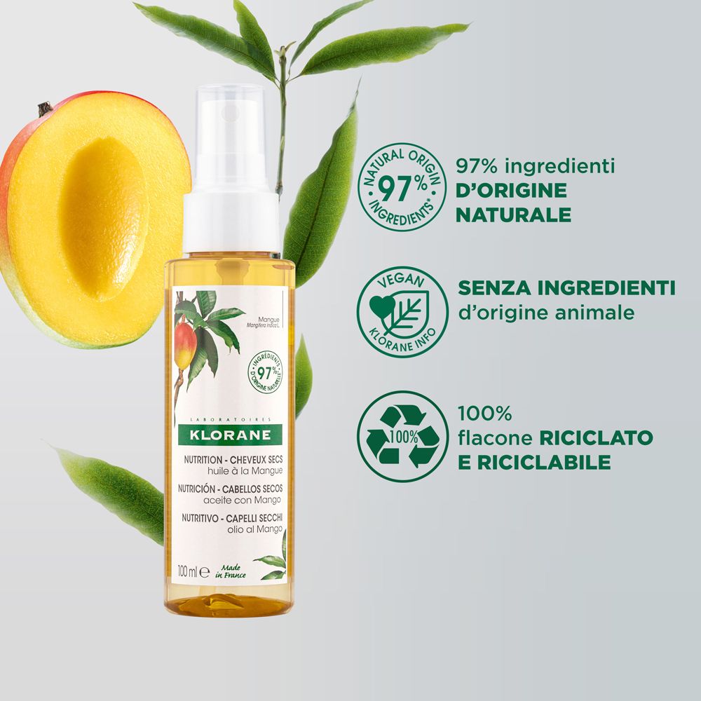 Olio per capelli KLORANE al burro di mango. Flacone con illustrazione di mango. 97% ingredienti naturali. Logo vegano. 100% riciclabile.