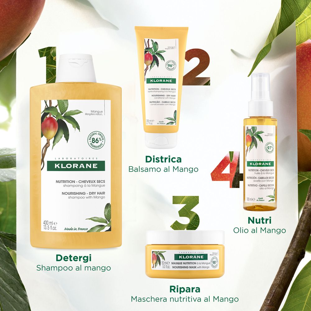 Gamma KLORANE al mango. Shampoo, balsamo, maschera e olio per capelli. Illustrazioni di mango. 86% e 97% ingredienti naturali.