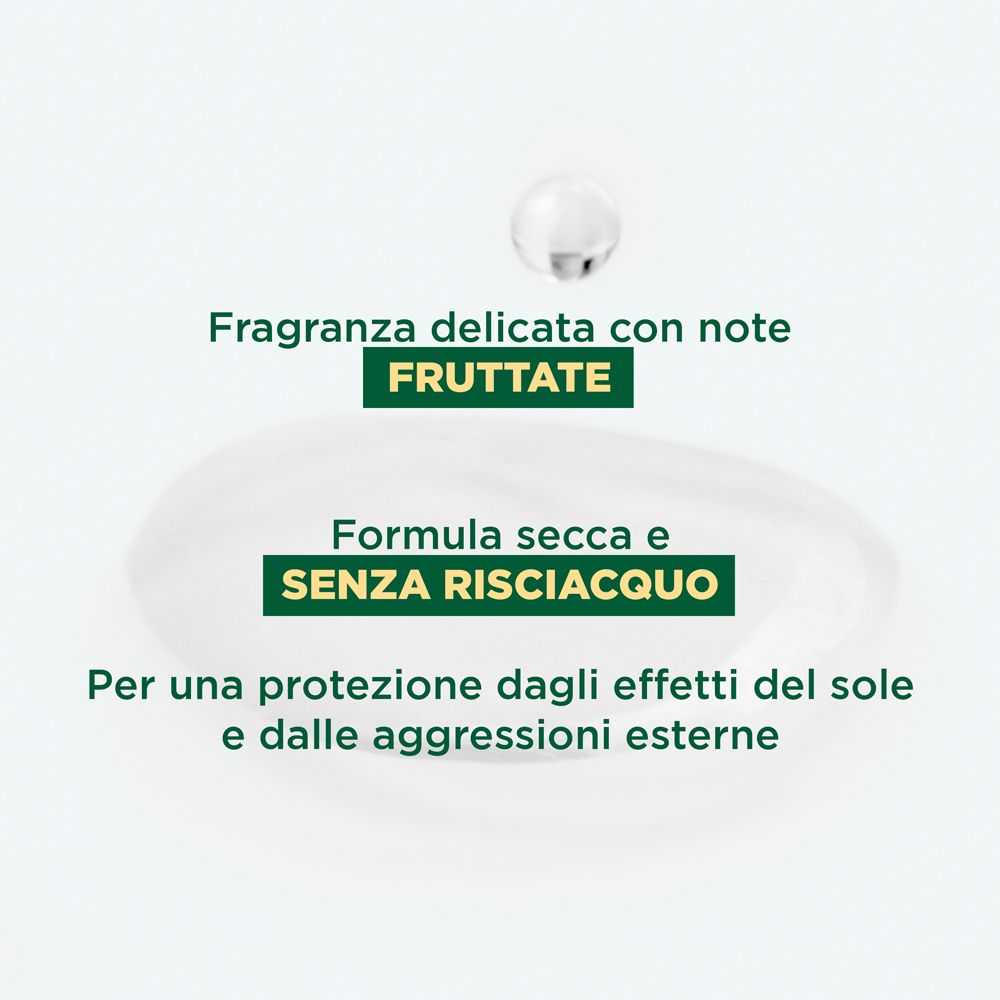 Goccia con testo: Fragranza fruttata. Formula secca senza risciacquo. Protezione dal sole e dagli agenti esterni.