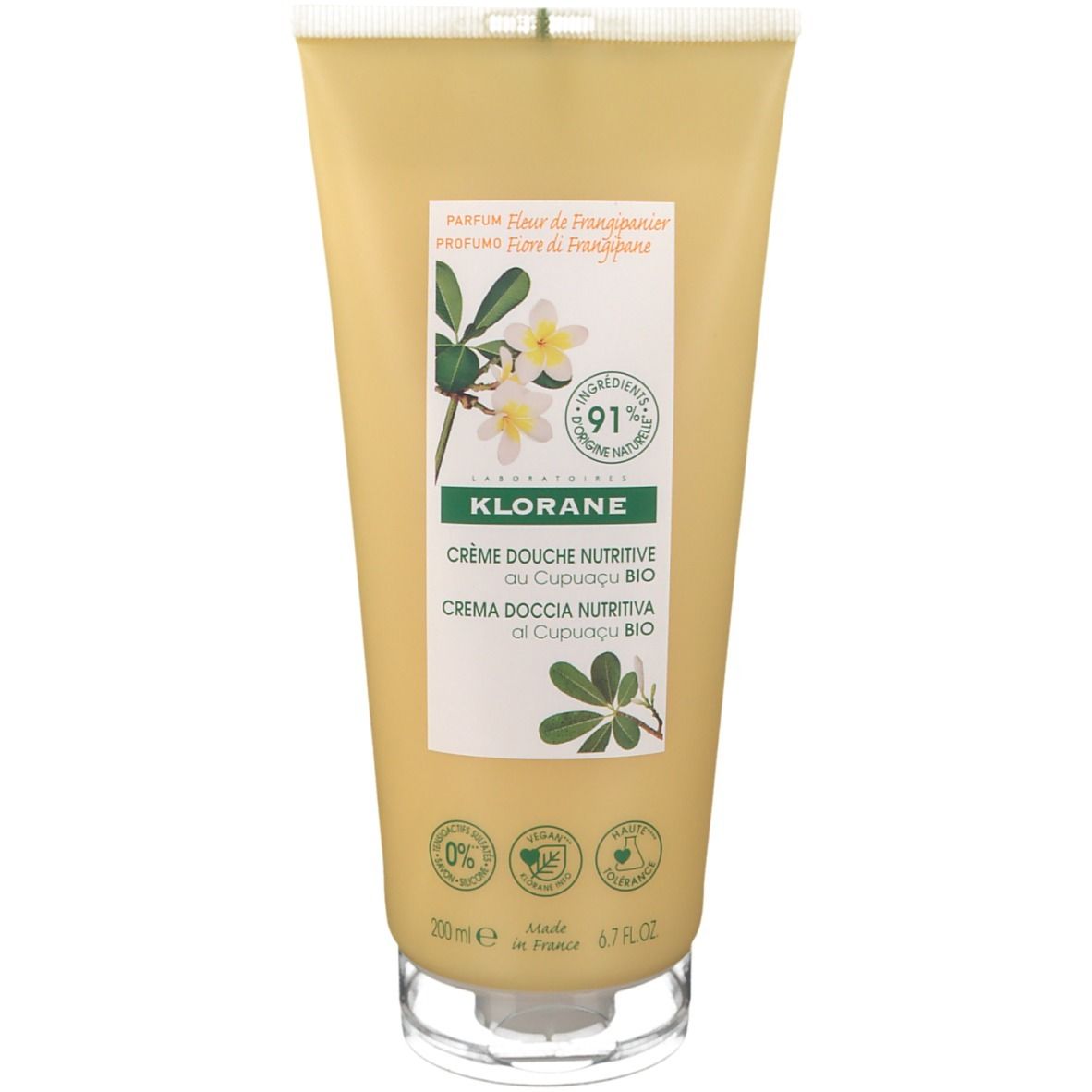 Tubo giallo con etichetta bianca. Scritta: Klorane Crème Douche Nutritive au Cupuaçu BIO. Certificazioni.