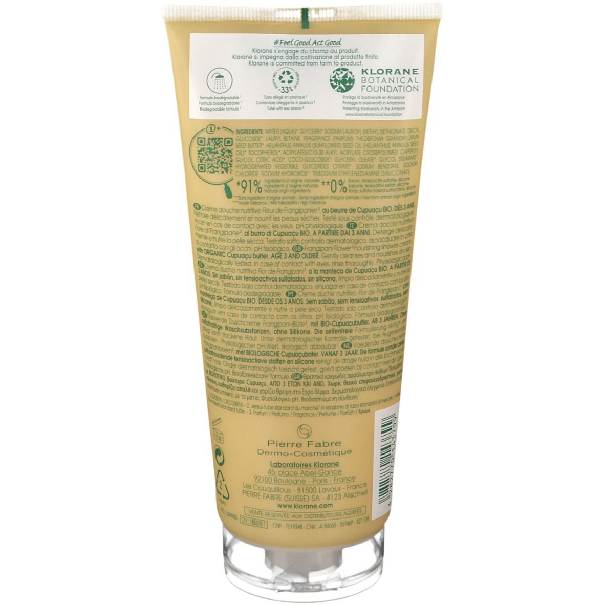 Retro di un tubo giallo. Testo: Klorane Botanical Foundation. Ingredienti, certificazioni, codice QR.