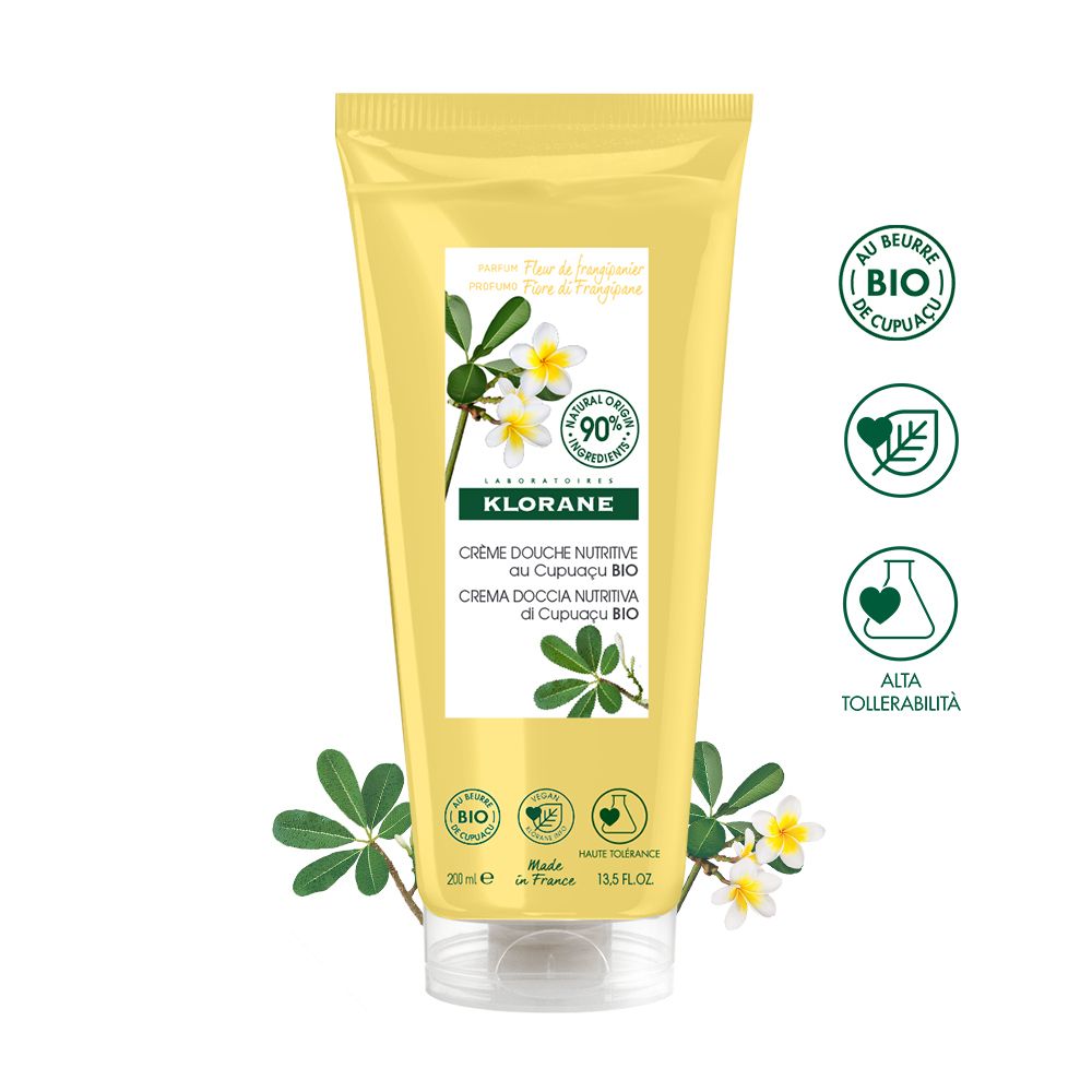 Tubo giallo con etichetta bianca. Scritta: Klorane Crème Douche Nutritive au Cupuaçu BIO. Certificazione bio.
