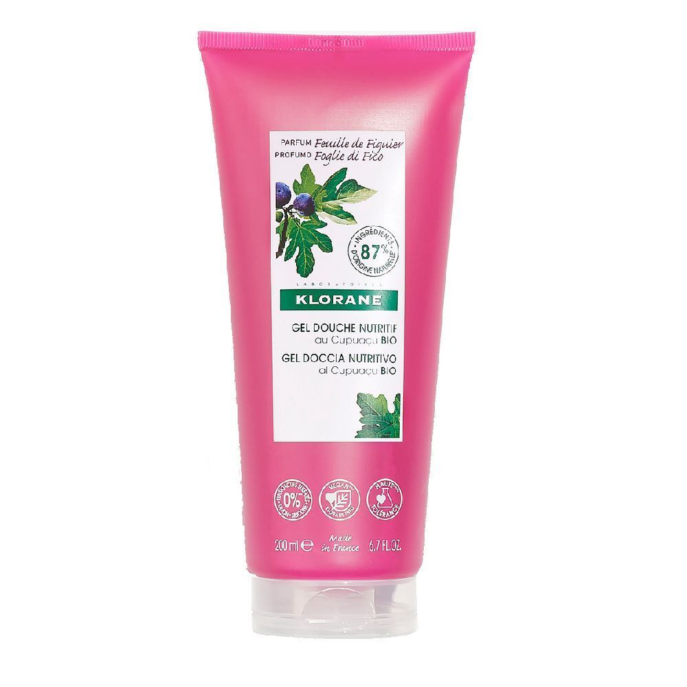 Tubo rosa con etichetta bianca. Klorane Gel Douche Nutritivo, Cupuaçu BIO. Illustrazione di foglia e frutto di fico. 87% ingredienti di origine naturale.