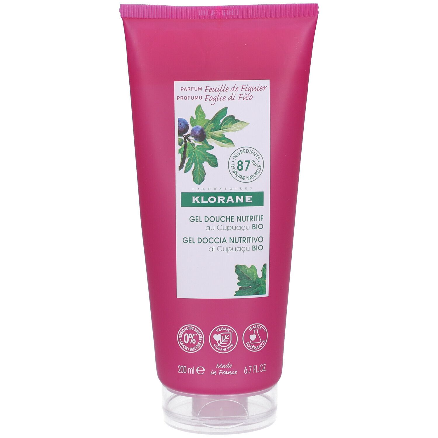 Tubo rosa con etichetta bianca. Klorane Gel Douche Nutritivo, Cupuaçu BIO. Illustrazione di foglia e frutto di fico. 87% ingredienti di origine naturale.