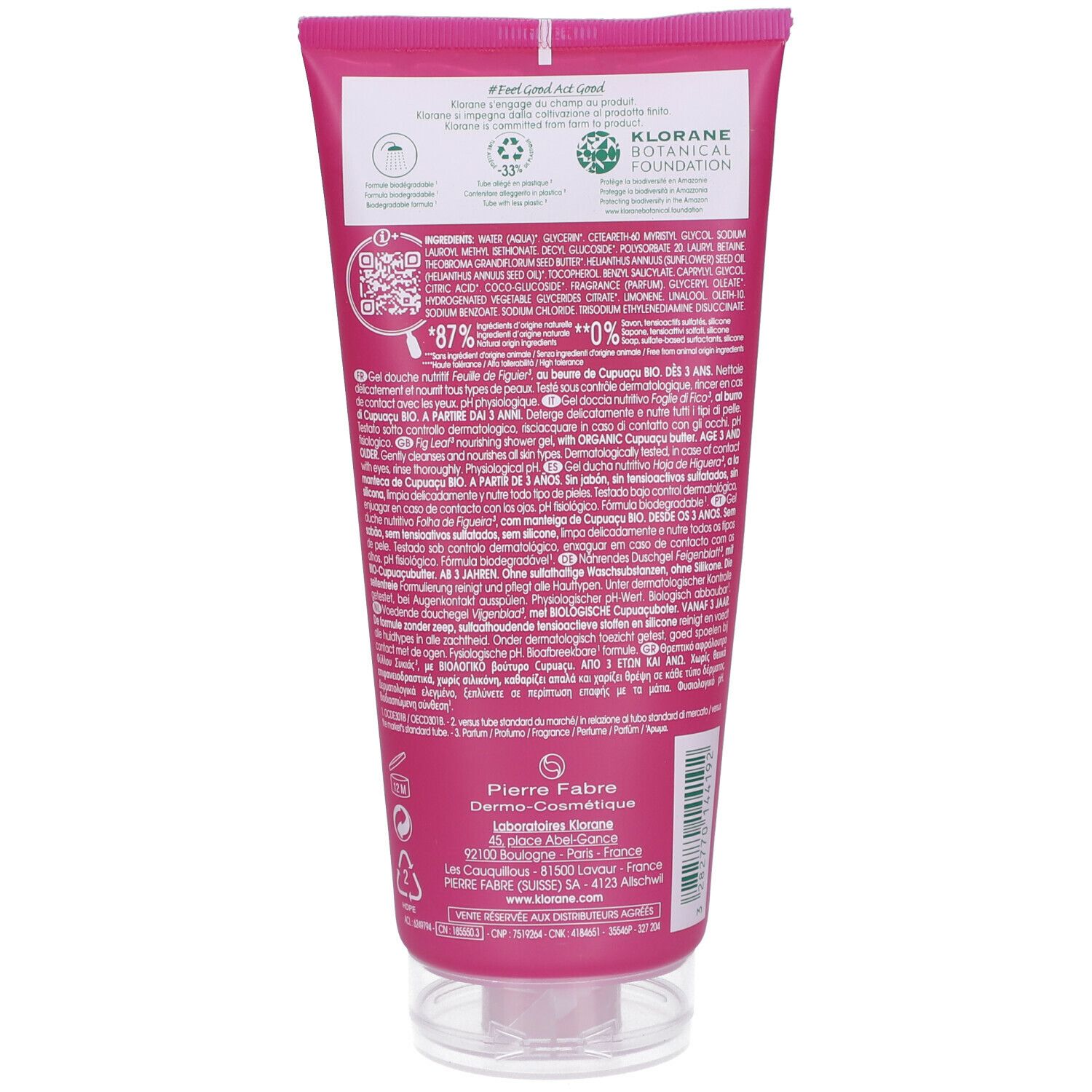 Retro di un tubo rosa. Testo: Klorane Botanical Foundation, ingredienti, Gel Douche Nutritivo, Cupuaçu BIO. 87% ingredienti di origine naturale.