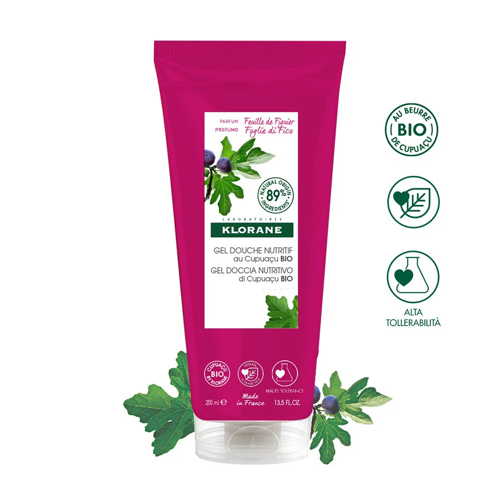 Tubo rosa con etichetta bianca. Klorane Gel Douche Nutritivo, Cupuaçu BIO. Illustrazione di foglia e frutto di fico. 89% ingredienti di origine naturale.