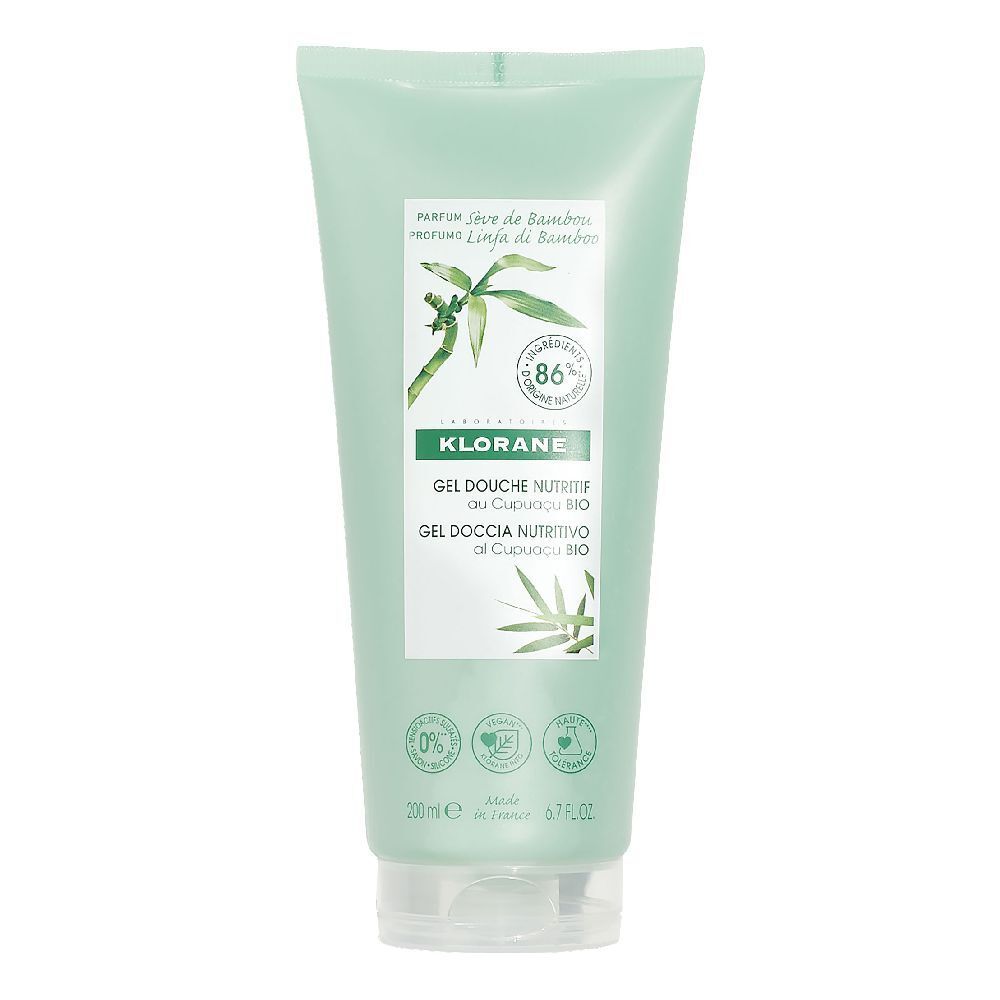 Tubo verde con informazioni prodotto. Testo: Klorane Gel Douche Nutritif, Linfa di Bambù. Certificazioni.