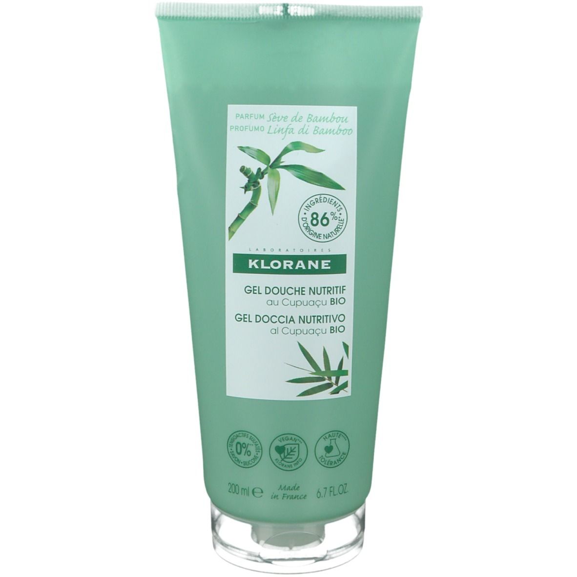 Tubo verde con informazioni prodotto. Testo: Klorane Gel Douche Nutritif, Linfa di Bambù. Certificazioni.