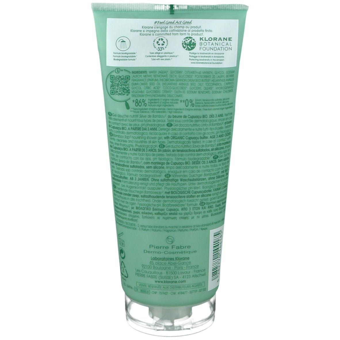 Retro di un tubo verde. Testo e certificazioni. Logo Klorane Botanical Foundation.