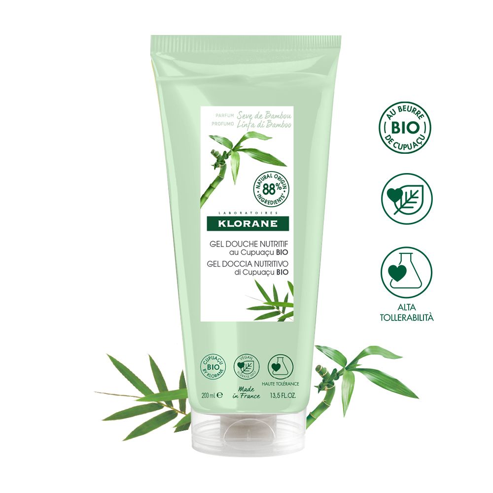 Tubo verde con informazioni prodotto. Testo: Klorane Gel Douche Nutritif, Linfa di Bambù. Certificazioni e bambù.