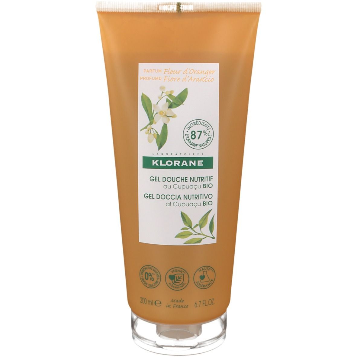 Tubo arancione. Klorane Gel Douche Nutritif. Scritta: Fiore d'Arancio, Cupuaçu BIO. Certificazioni: 87% ingredienti naturali, 0%...