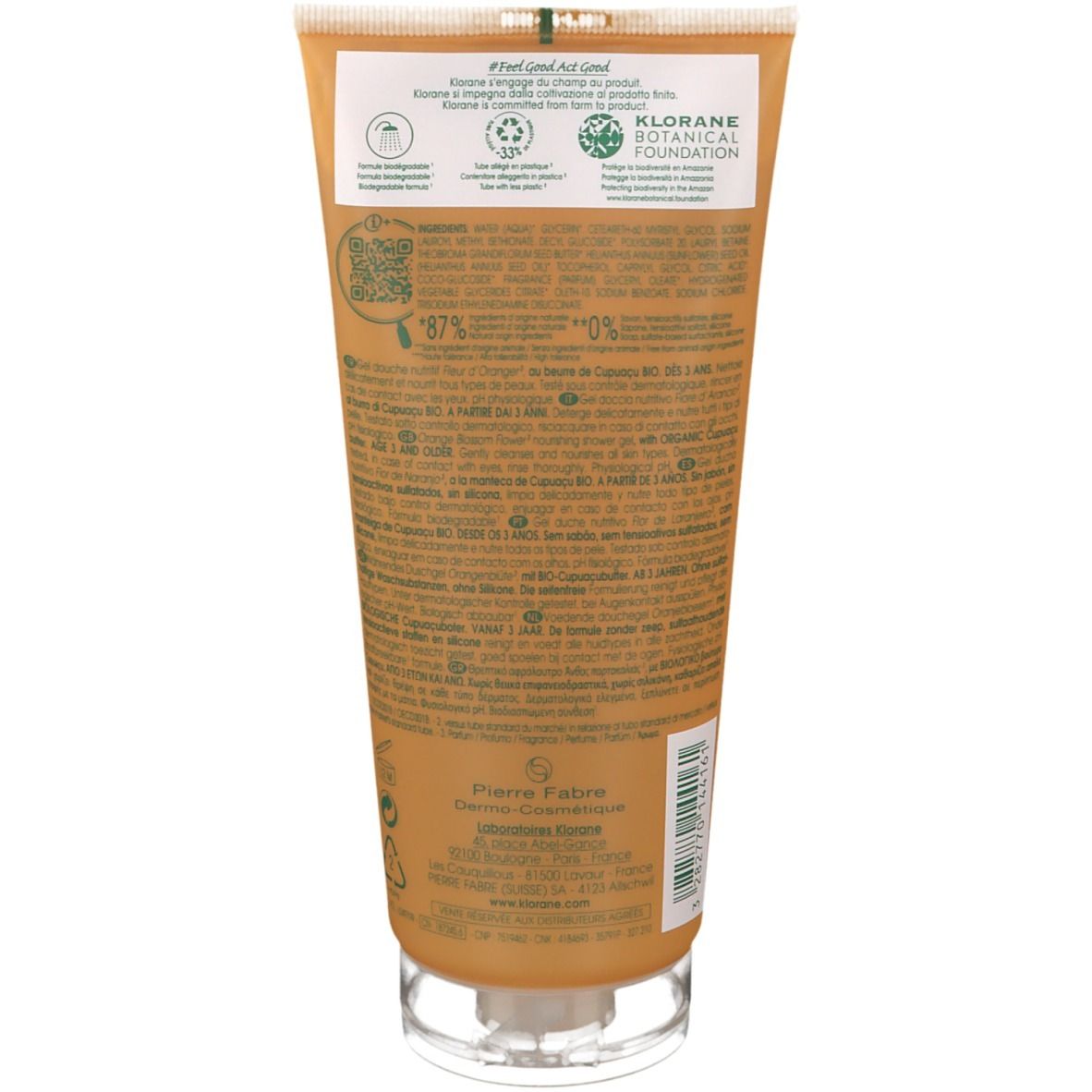 Retro di un tubo arancione. Testo: Klorane Botanical Foundation, ingredienti, confezione riciclabile, 87% ingredienti naturali, 0%...