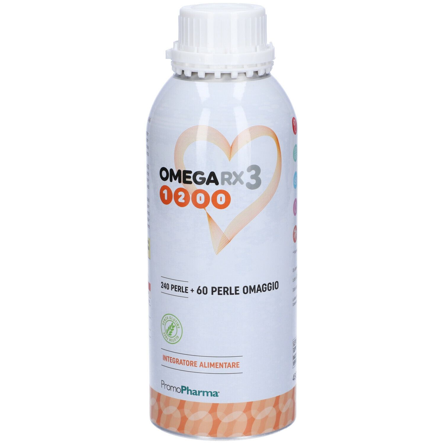 Flacone cilindrico con tappo bianco. Scritta: OMEGA RX3 1200, 240 perle + 60 perle omaggio. Logo e scritta PromoPharma.