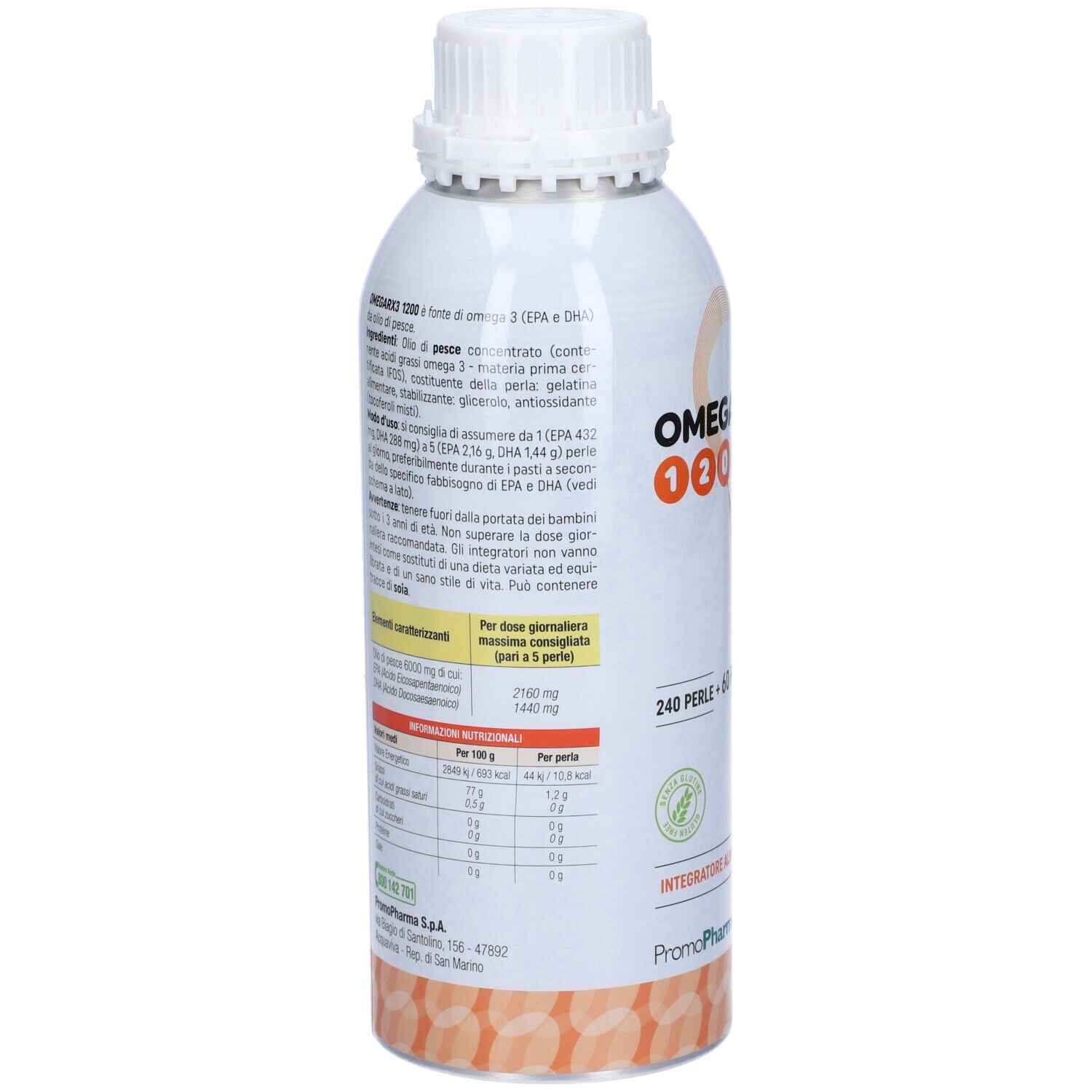 Retro del flacone con testo. Contiene informazioni sugli ingredienti, il valore nutrizionale e il produttore. Logo PromoPharma.