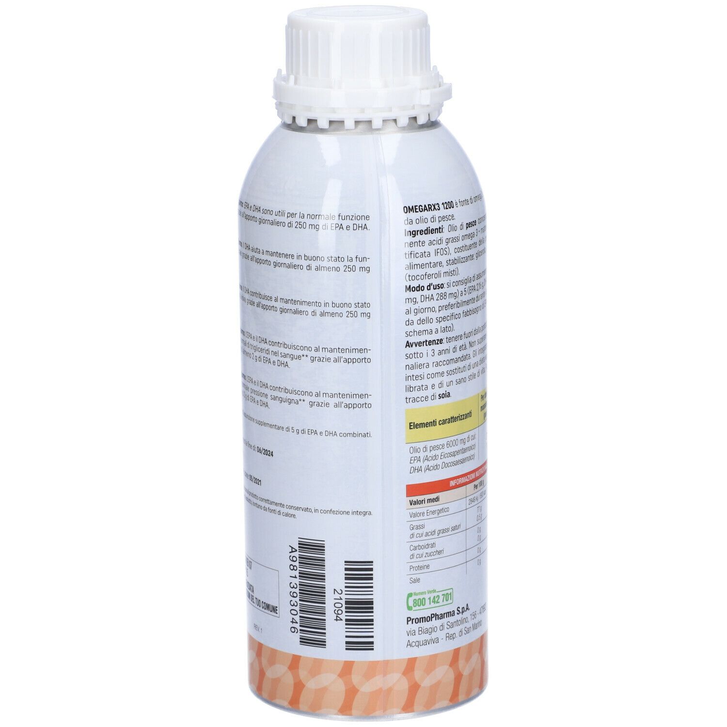 Retro del flacone con testo. Contiene informazioni sugli ingredienti, il valore nutrizionale e il produttore. Logo PromoPharma.