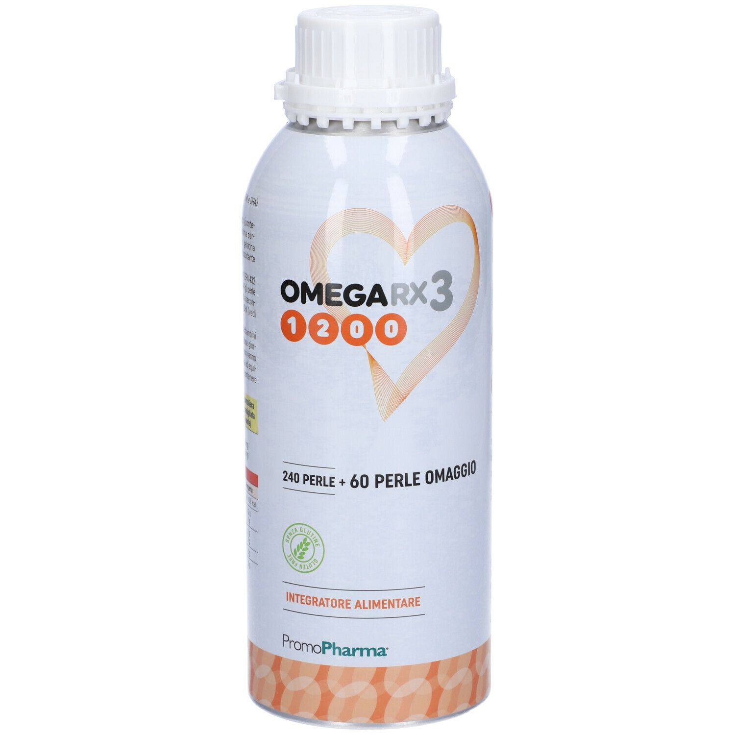 Flacone cilindrico con tappo bianco. Scritta: OMEGA RX3 1200, 240 perle + 60 perle omaggio. Logo e scritta PromoPharma.