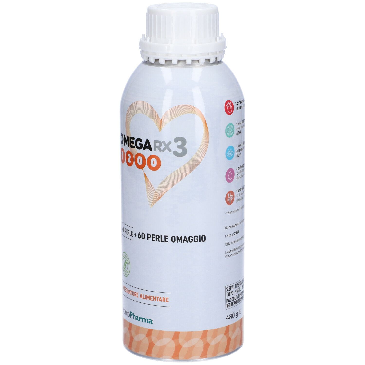 Flacone cilindrico con tappo bianco. Scritta: OMEGA RX3 1200, 240 perle + 60 perle omaggio. Logo e scritta PromoPharma.