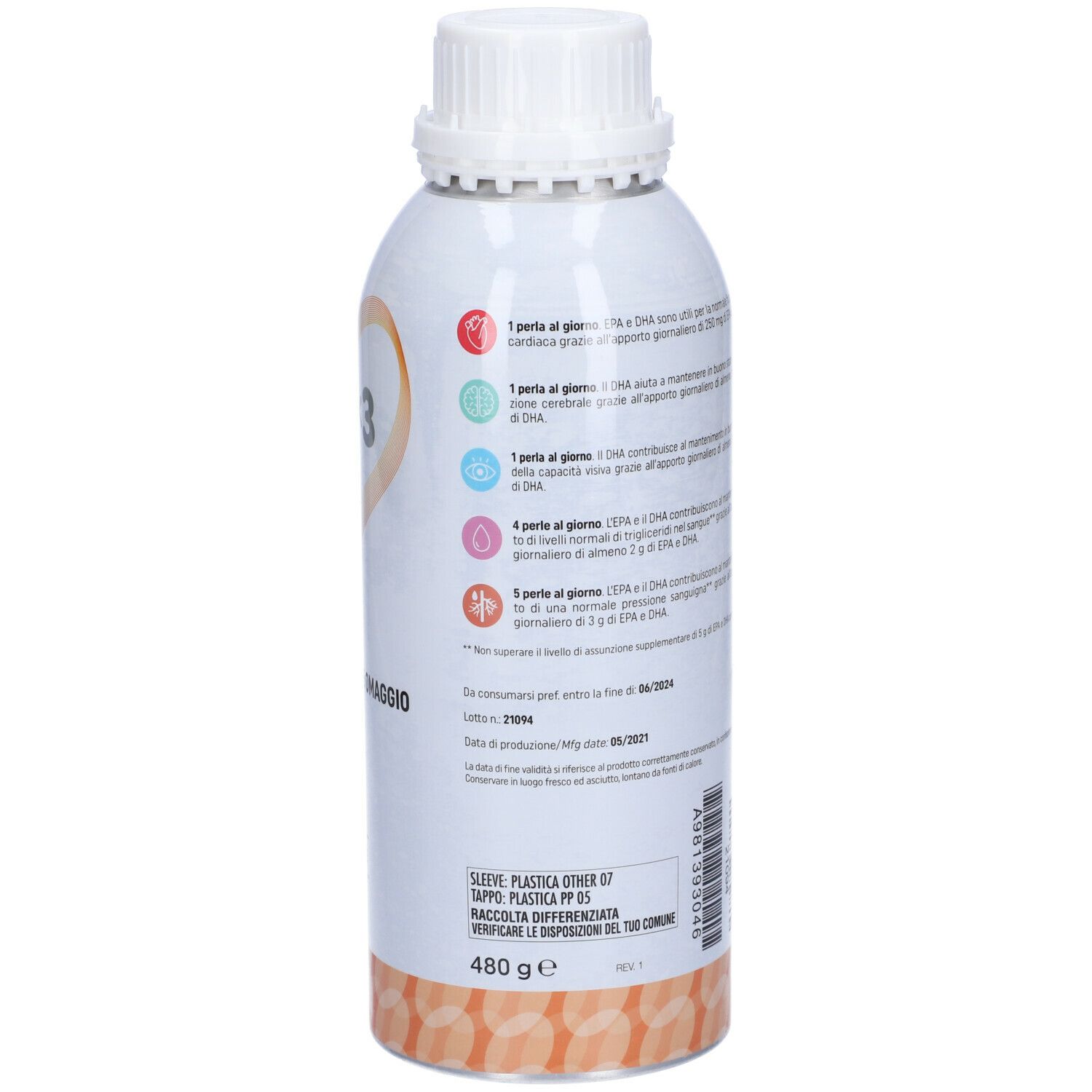 Retro del flacone con testo. Contiene informazioni sugli ingredienti, il valore nutrizionale e il produttore. Logo PromoPharma.