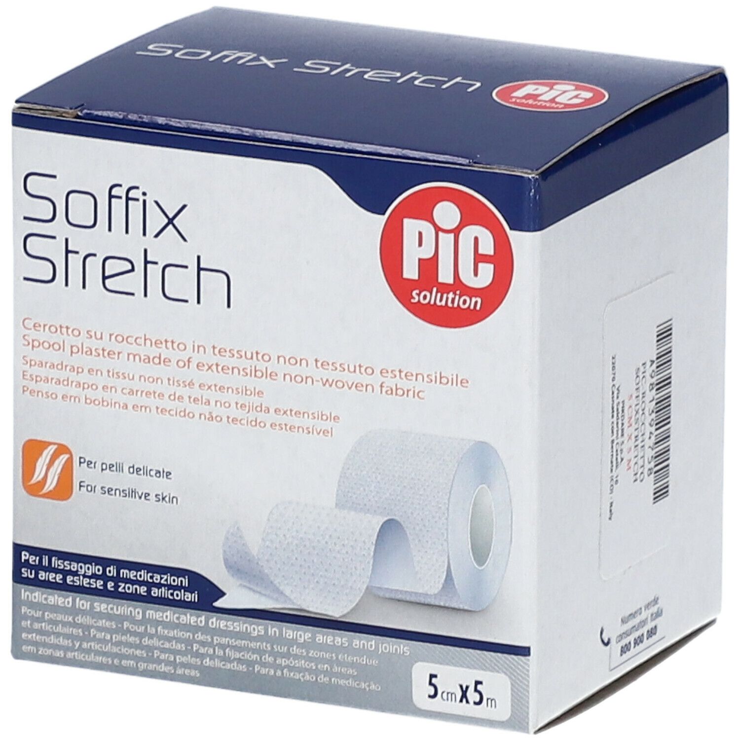 Scatola di Soffix Stretch. Contiene un rotolo di cerotto. Scritta: PIC solution. Per pelli delicate. Dimensione: 5cm x 5m.