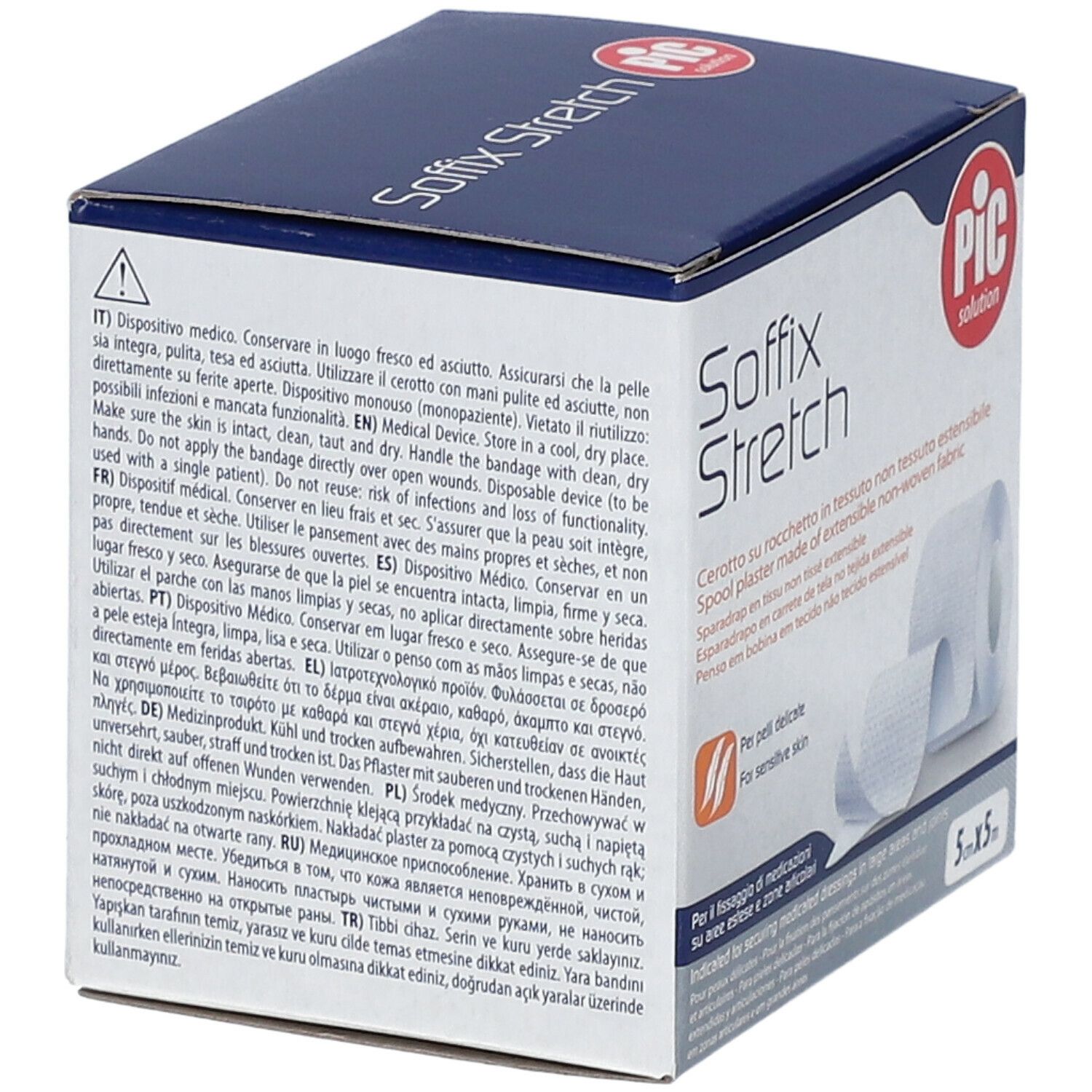 Scatola di Soffix Stretch. Scritta: PIC solution. Contiene istruzioni multilingue. Per pelli delicate. Dimensione: 5cm x 5m.