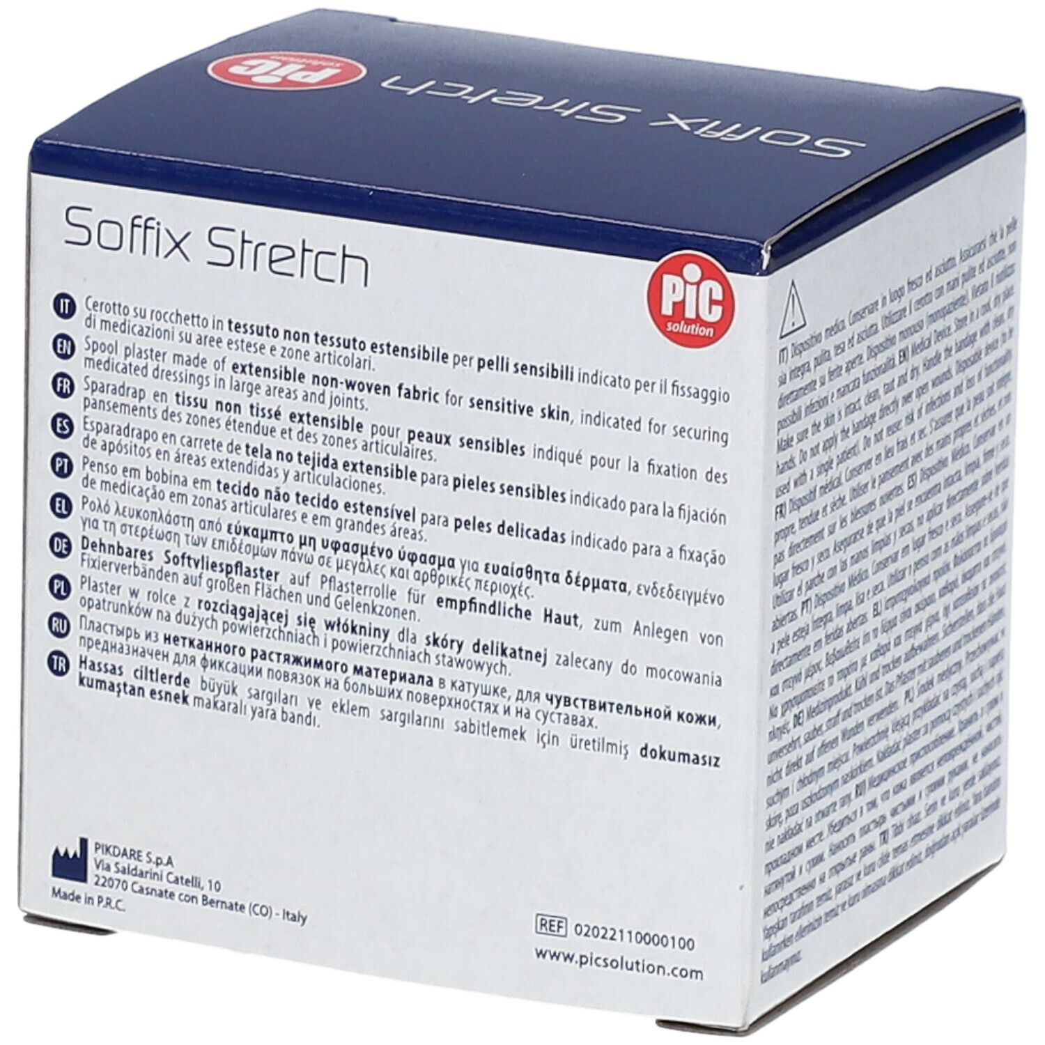 Scatola di Soffix Stretch. Scritta: PIC solution. Contiene informazioni multilingue. Per pelli delicate. Dimensione: 5cm x 5m.