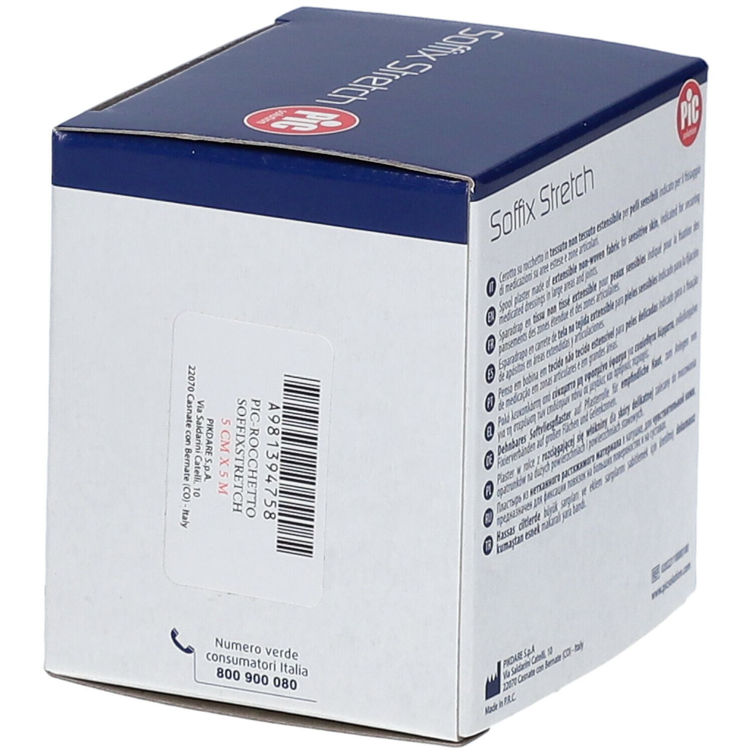 Scatola di Soffix Stretch. Scritta: PIC solution. Codice a barre e contatti. Dimensione: 5cm x 5m.