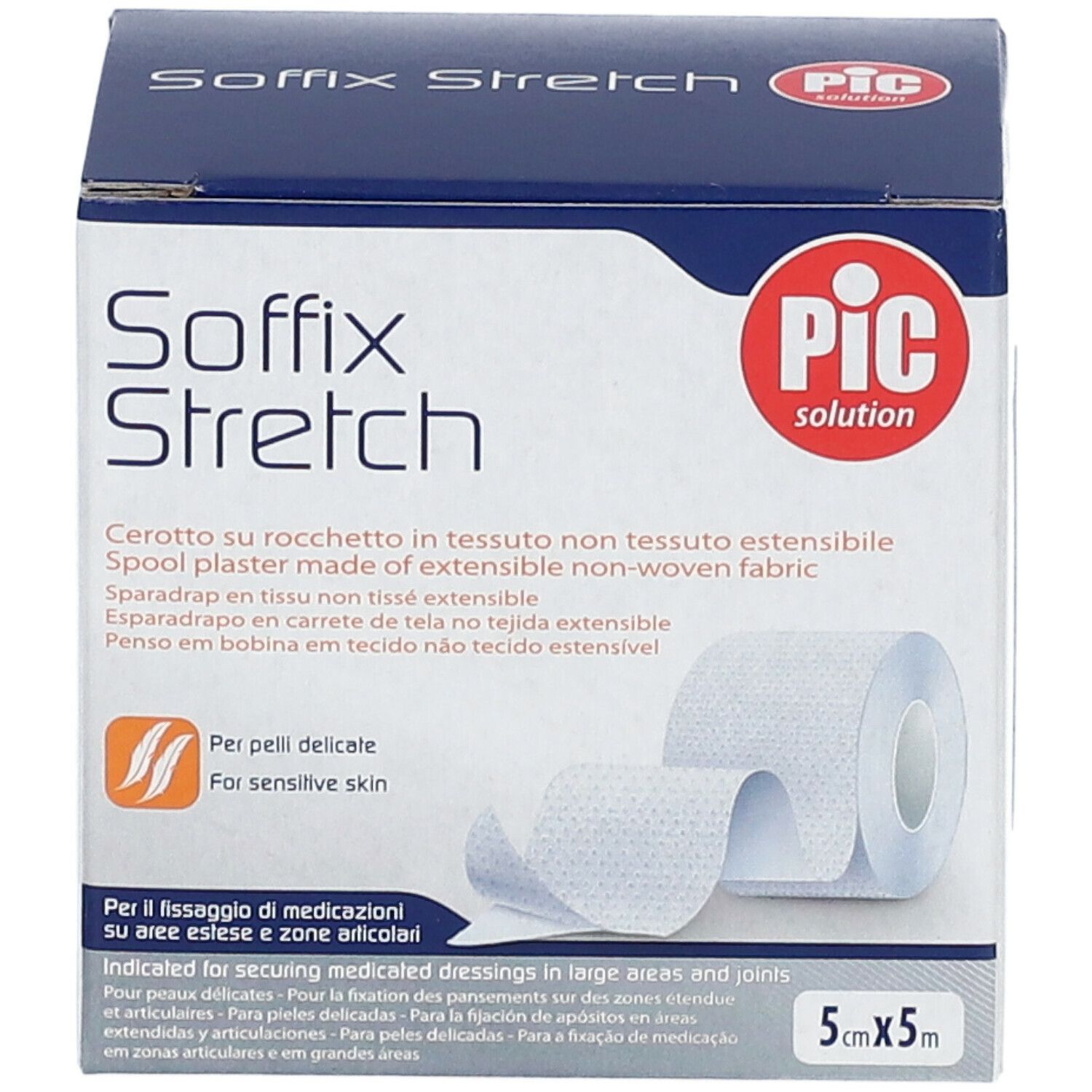 Scatola di Soffix Stretch. Contiene un rotolo di cerotto. Scritta: PIC solution. Per pelli delicate. Dimensione: 5cm x 5m.
