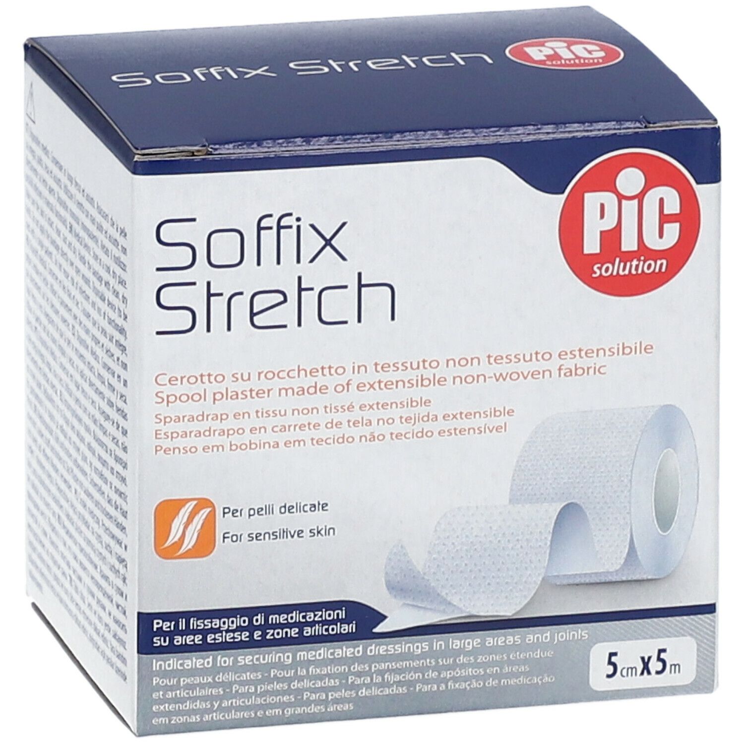 Scatola di Soffix Stretch. Contiene un rotolo di cerotto. Scritta: PIC solution. Per pelli delicate. Dimensione: 5cm x 5m.