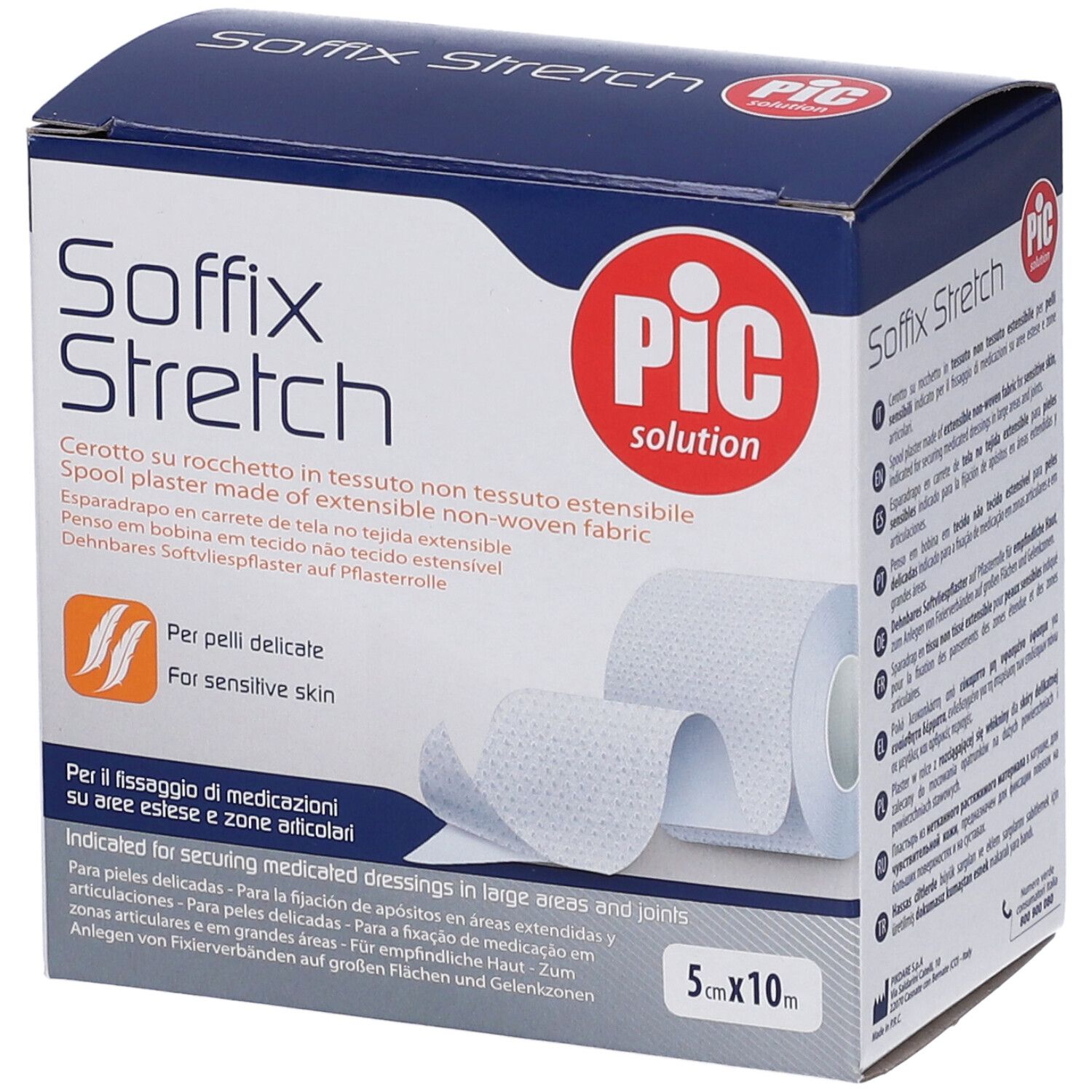 Confezione di cerotto Soffix Stretch. Rotolo di tessuto non tessuto estensibile. Dimensioni: 5x10m. Marchio: PIC solution.