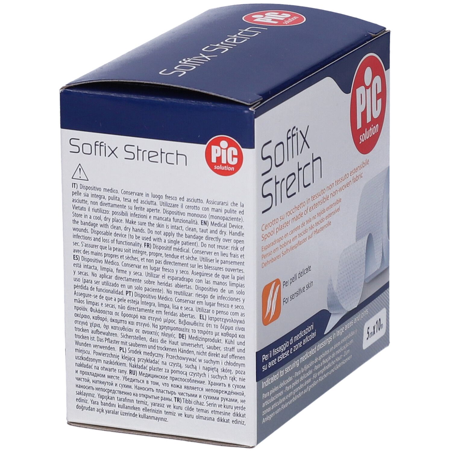 Confezione di cerotto Soffix Stretch. Rotolo estensibile. Marchio PIC solution. Dimensioni: 5x10m. Testo sulla confezione.