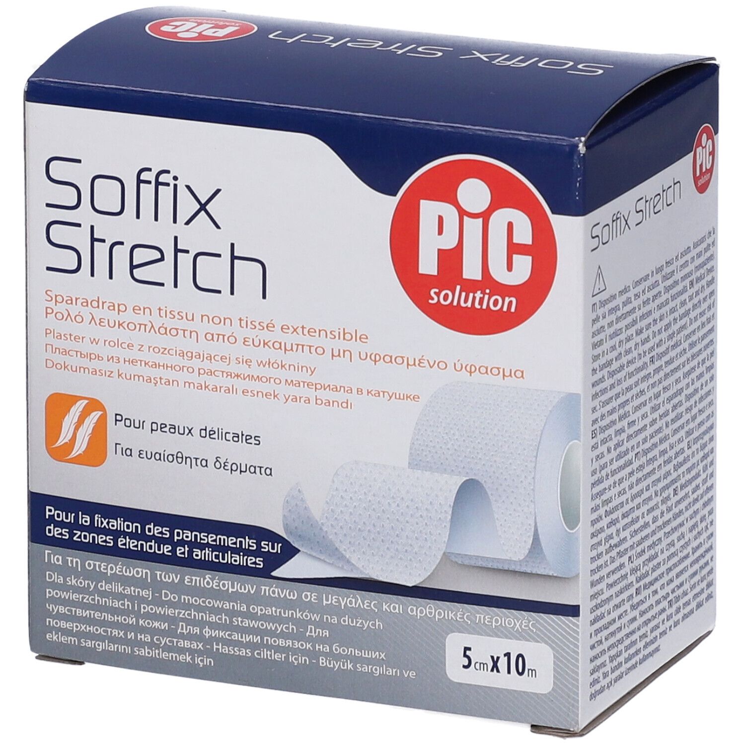Confezione di cerotto Soffix Stretch. Rotolo estensibile. Dimensioni: 5x10m. Marchio: PIC solution. Testo sulla confezione.
