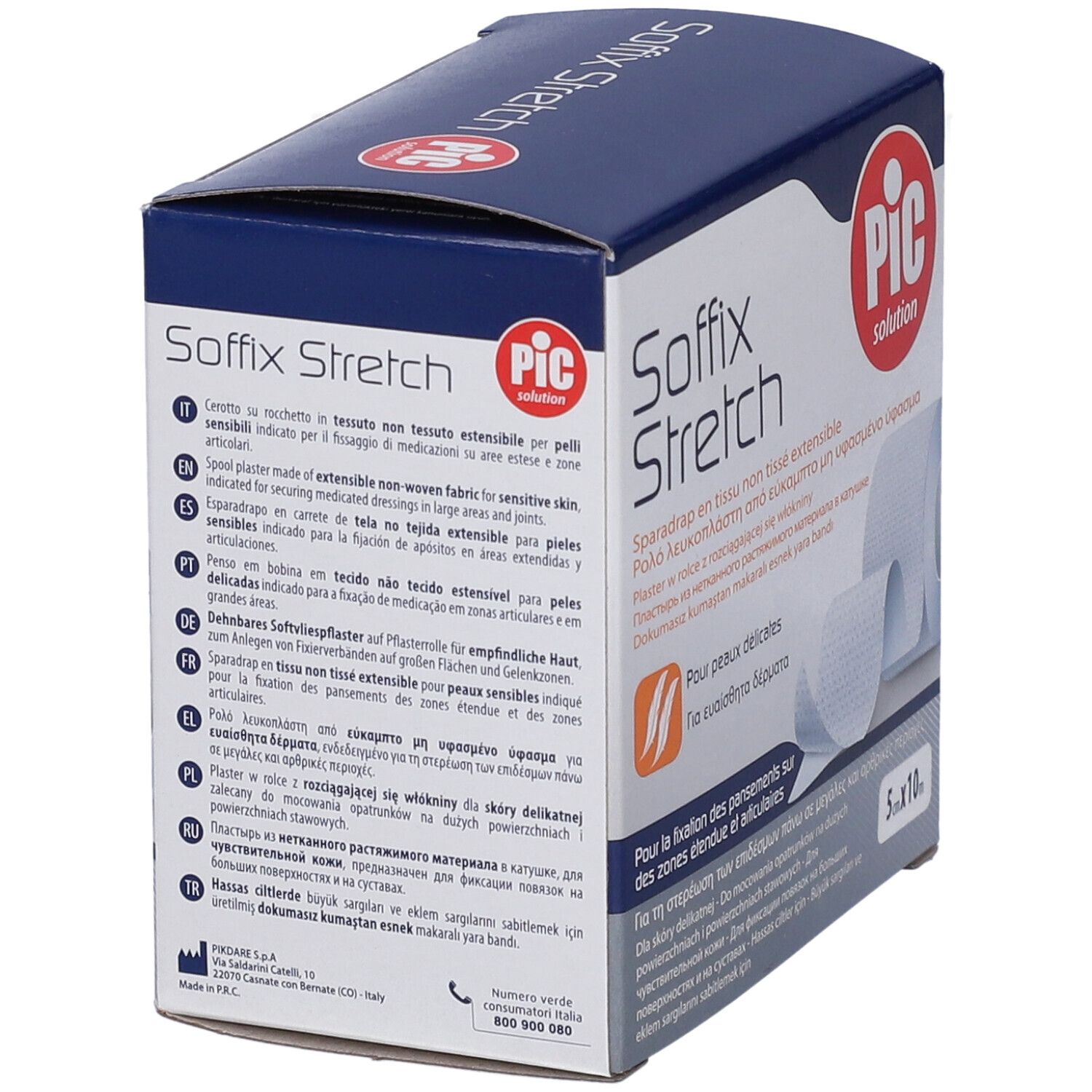Confezione di cerotto Soffix Stretch. Rotolo estensibile. Dimensioni: 5x10m. Marchio: PIC solution. Testo sulla confezione.