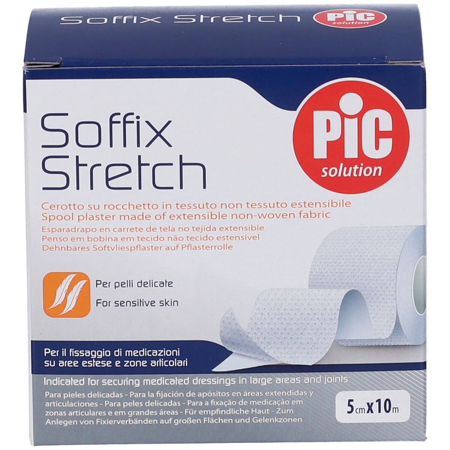 Confezione di cerotto Soffix Stretch. Rotolo estensibile. Dimensioni: 5x10m. Marchio: PIC solution. Testo sulla confezione.