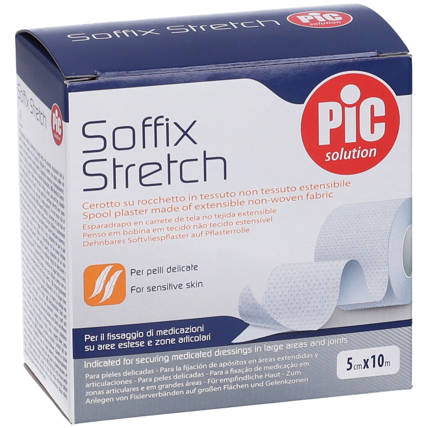 Confezione di cerotto Soffix Stretch. Rotolo estensibile. Dimensioni: 5x10m. Marchio: PIC solution. Testo sulla confezione.