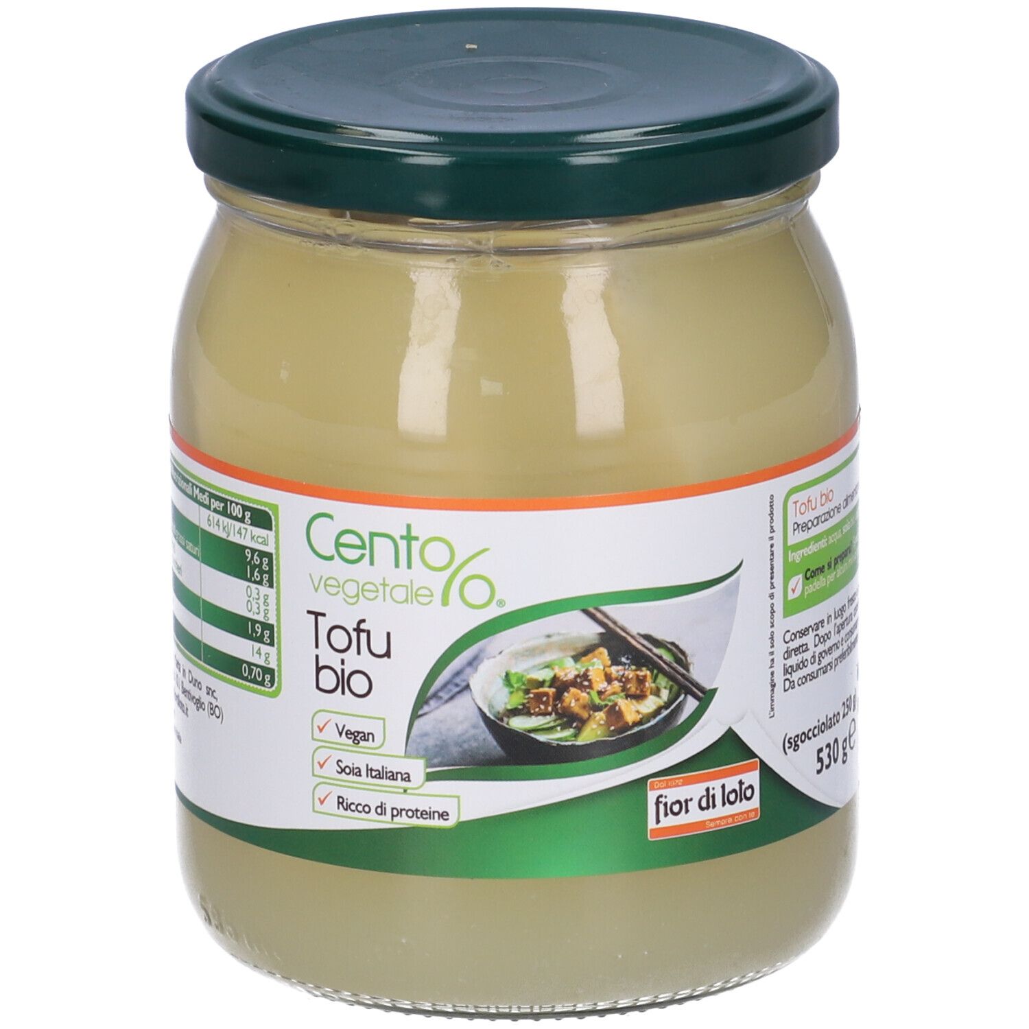 Vasetto di Cento% Veg Tofu bio. Coperchio verde, etichetta bianca con informazioni e immagine del prodotto. Vegan, Soia italiana, ricco di proteine.